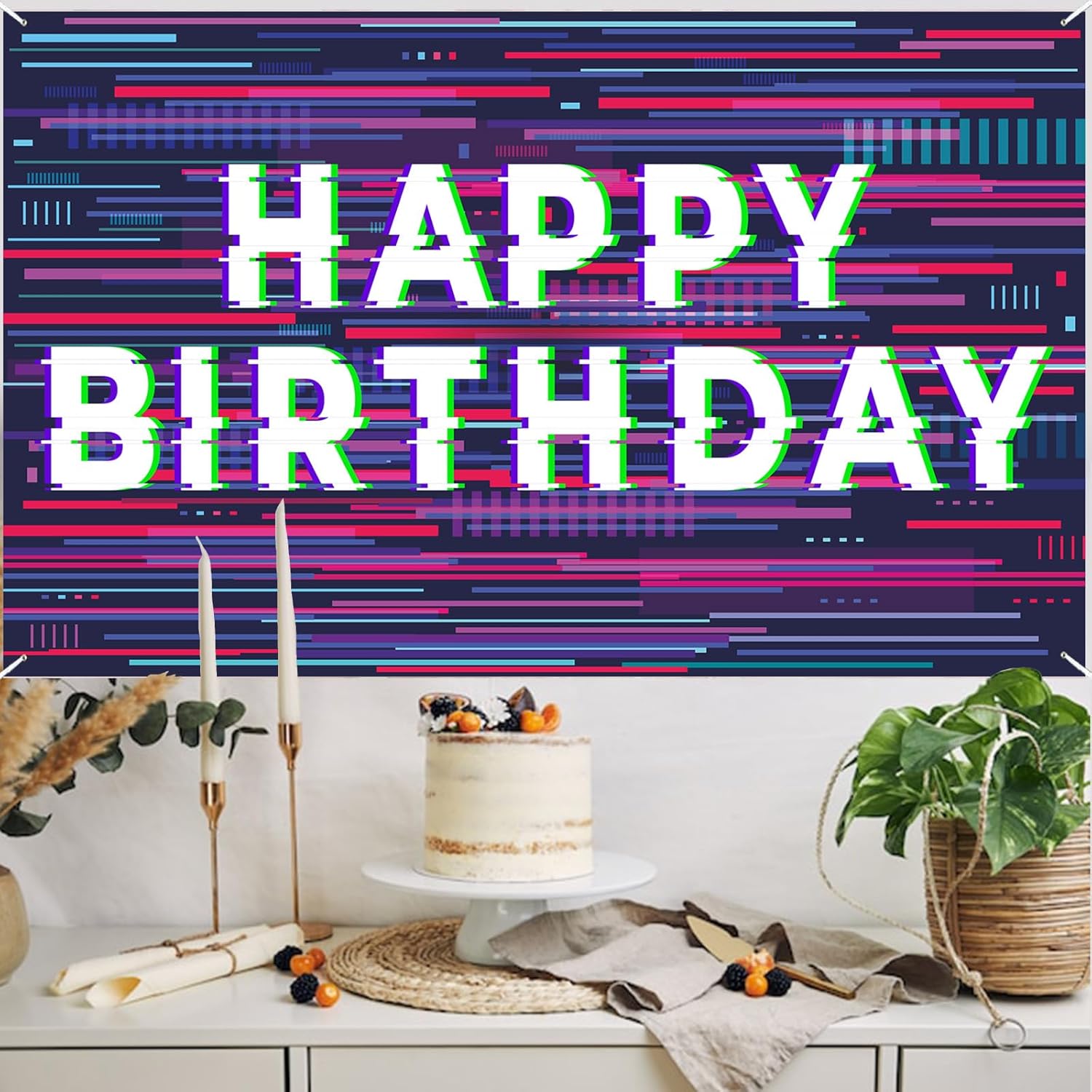 Pixel Art Birthday Holographic Banner Decor