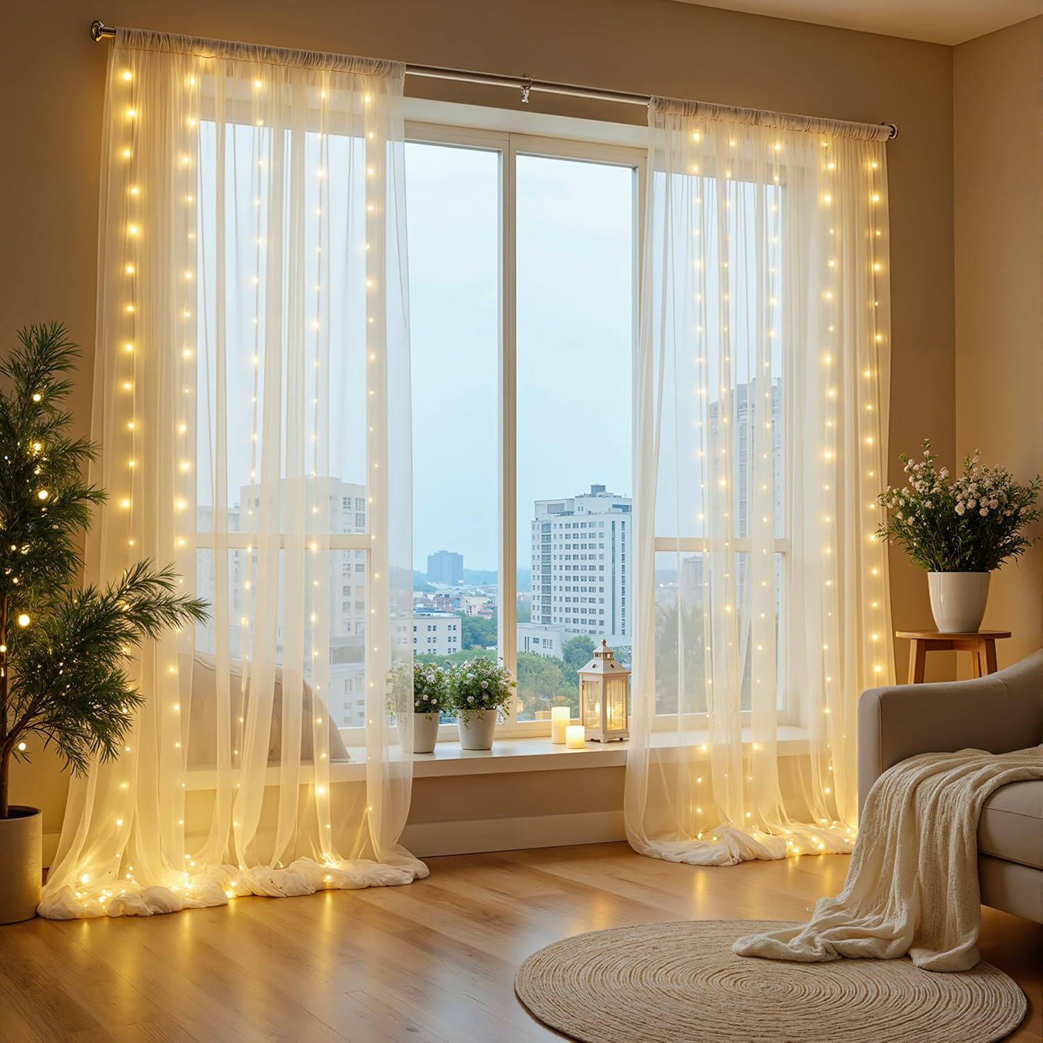 Ivory Tulle Backdrop Curtains with String Lights for Parties