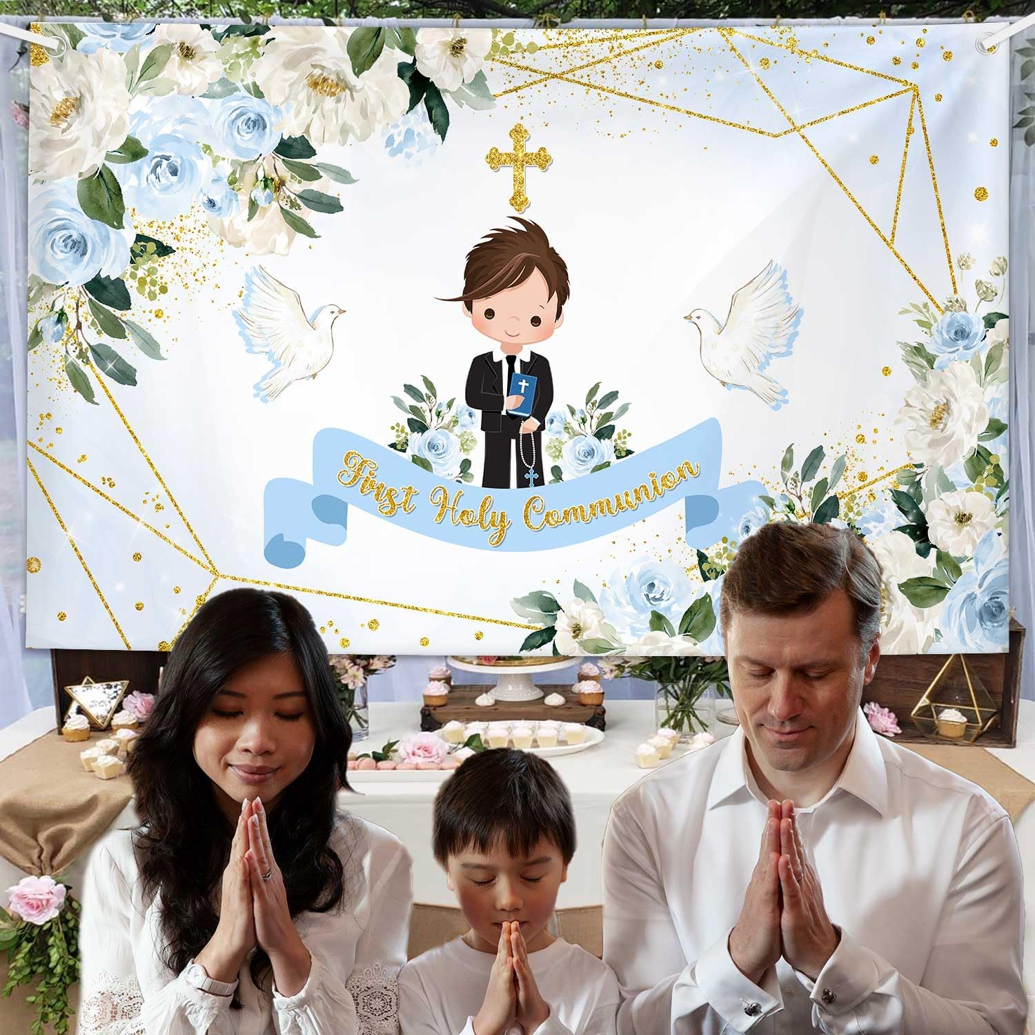 MEHOFOND First Holy Communion Photo Backdrop 7x5ft Blue Floral