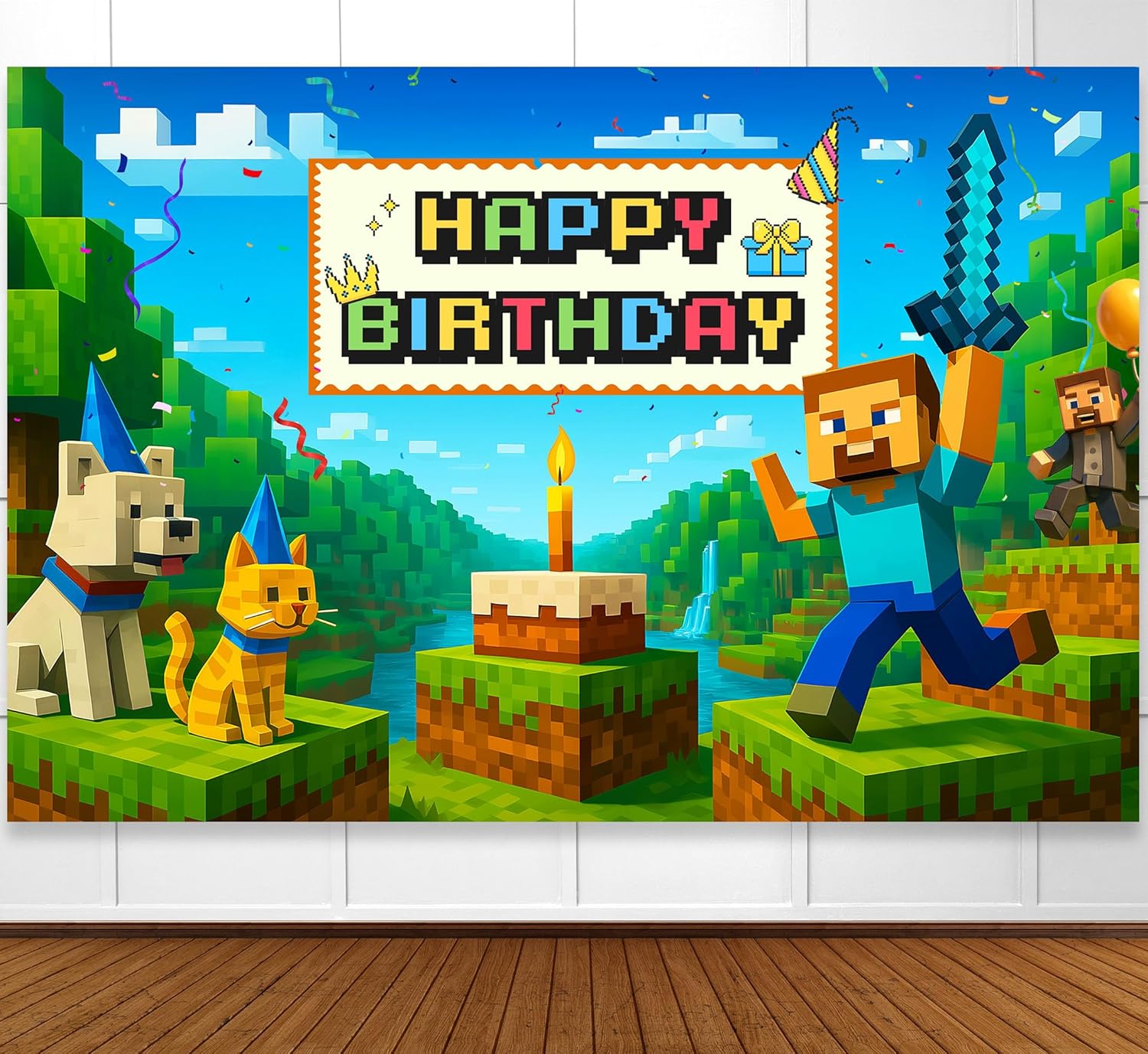 Pixel Gaming Birthday Banner for Boys 6x4ft Backdrop Decor
