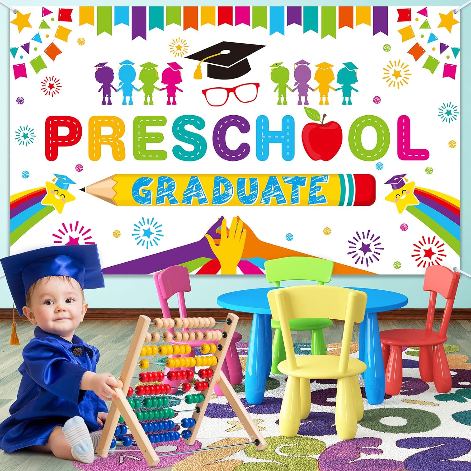 Tudomro Preschool Graduation Backdrop Banner 728 x 433 in White