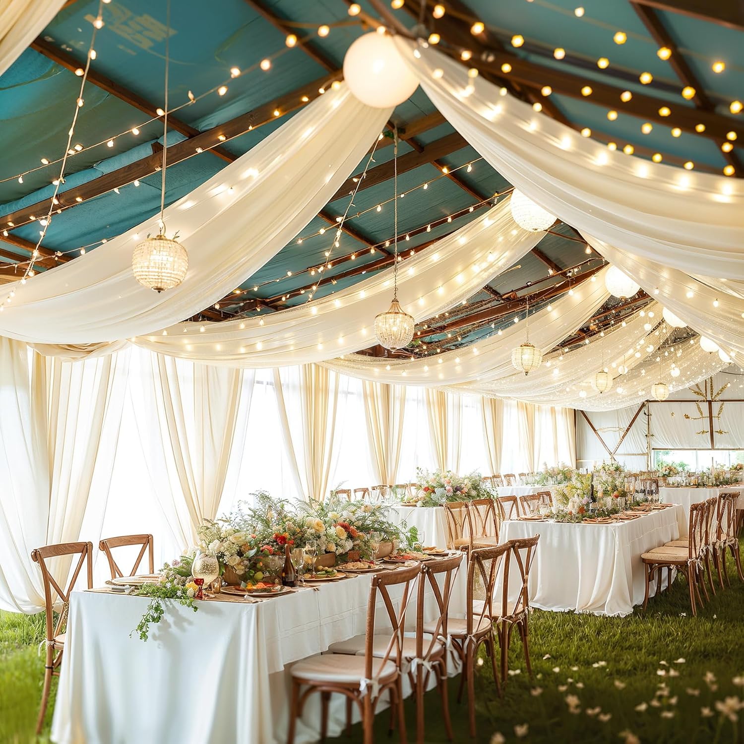 Ivory Ceiling Drapes with Lights Set