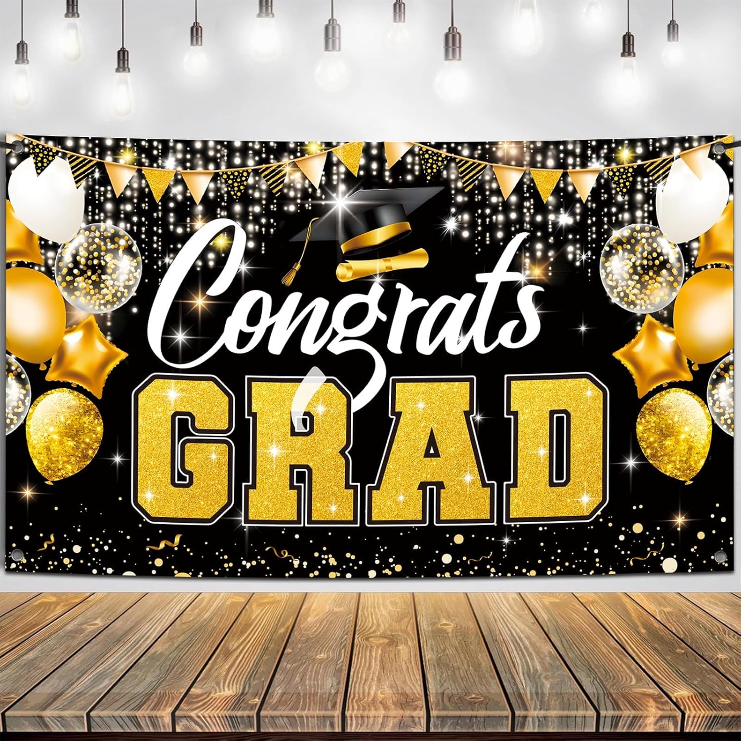 Premium Graduation Backdrop Banner 72x44in Black Gold