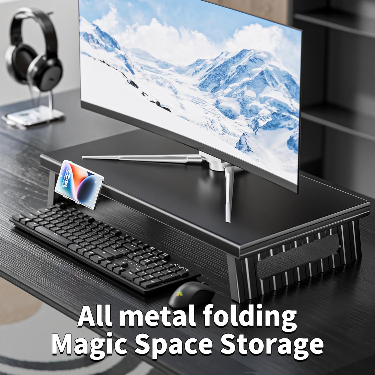 All-Metal Foldable Monitor Stand with Phone Holder
