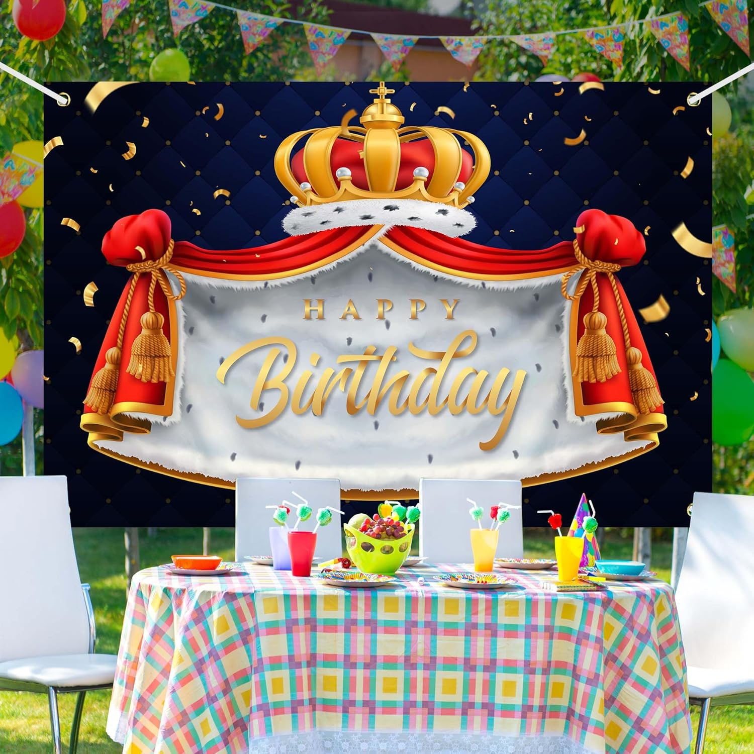 Royal King Prince Birthday Banner Backdrop with Golden Crown Cloak
