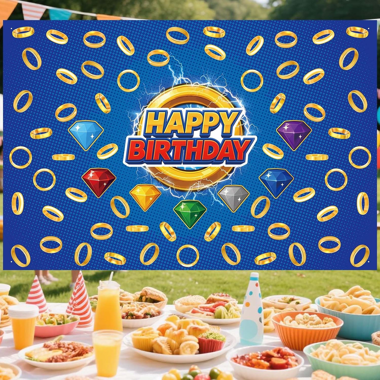 Cartoon Happy Birthday Backdrop with Gold Ring Print