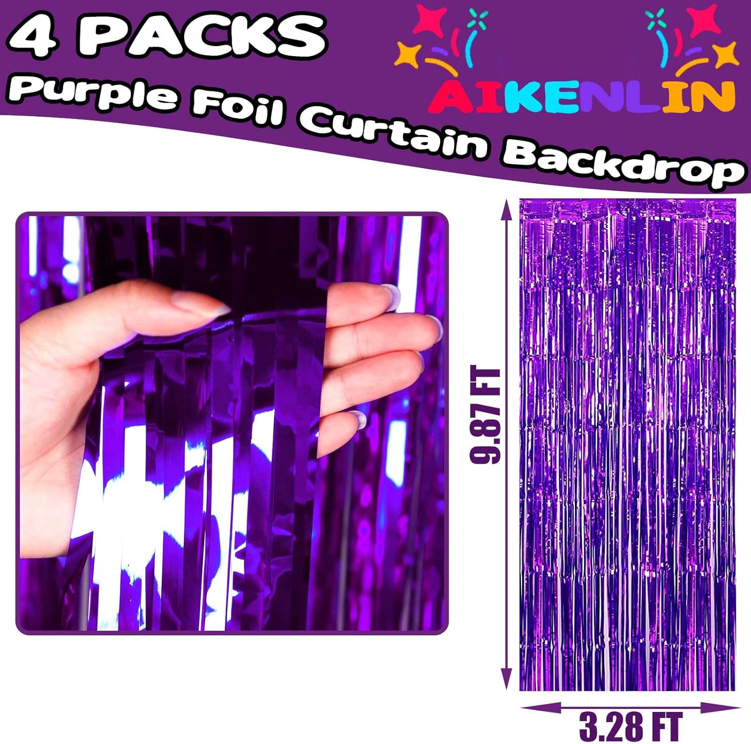 4 Pack Purple Foil Fringe Curtains for Party Backdrops