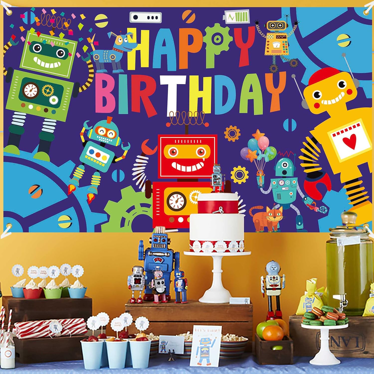 Robot Birthday Party Backdrop 59x36ft