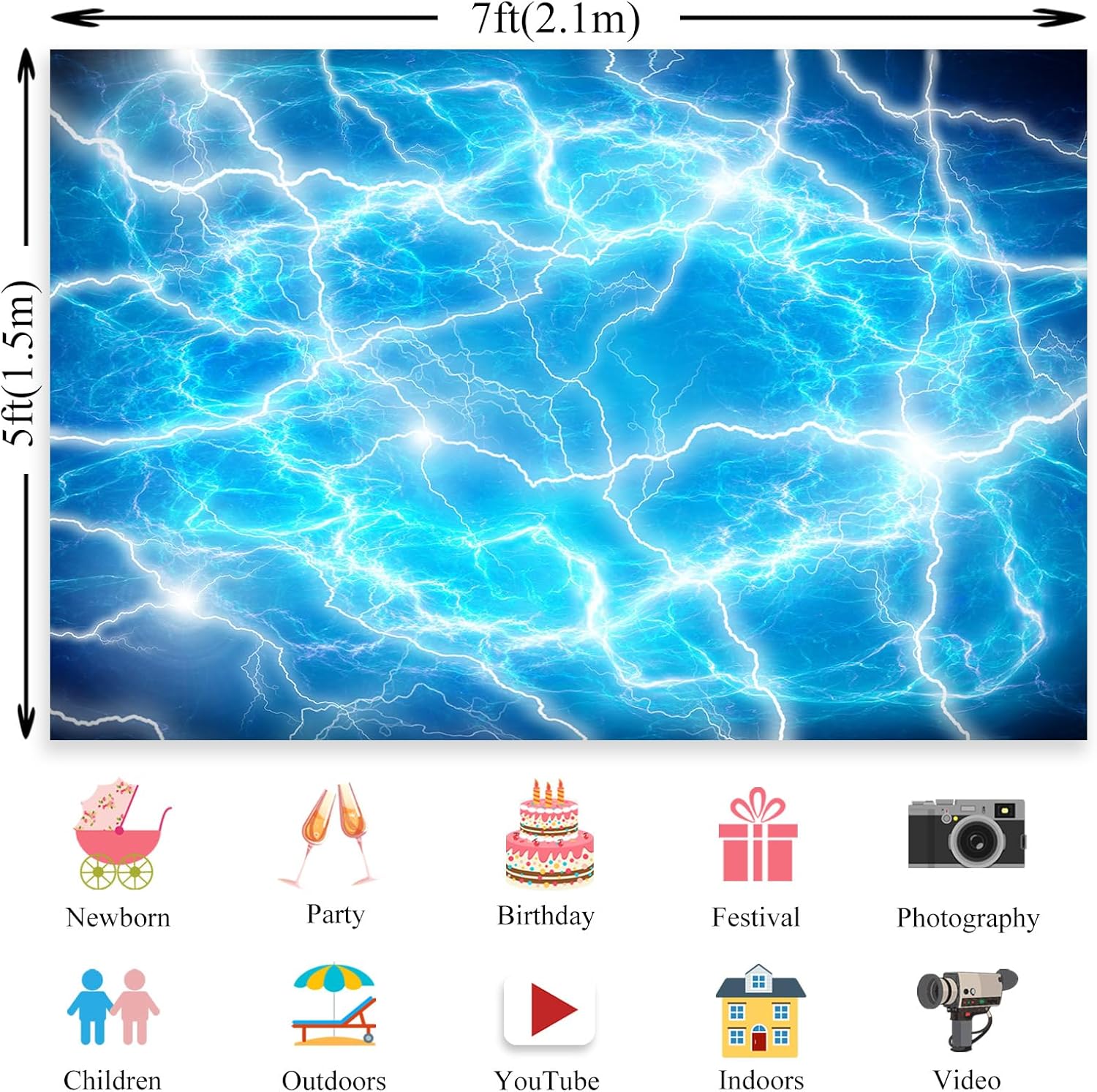 Lightning Sky Backdrop 7x5ft Blue Storm Background