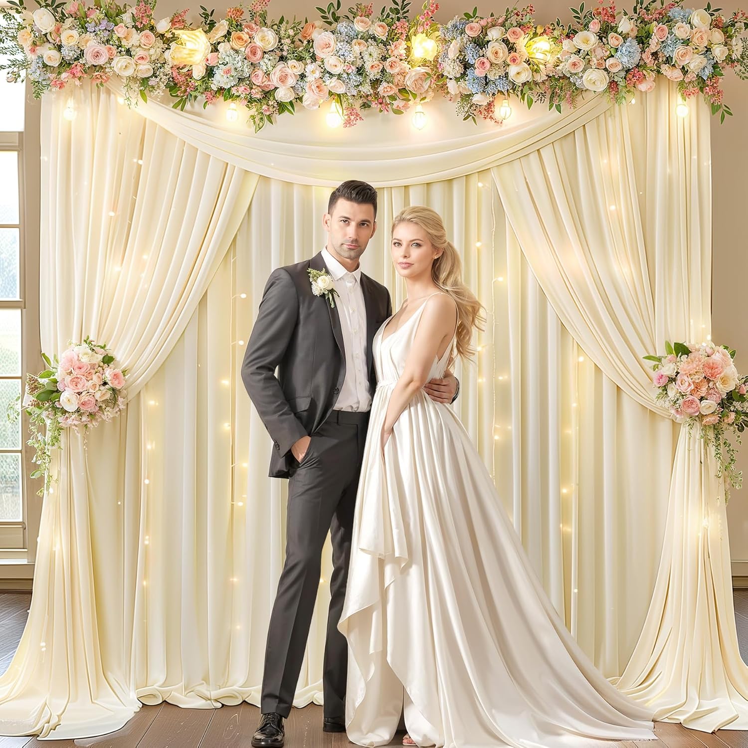 Wish Care 10x10ft Ivory Backdrop Curtain with Lights