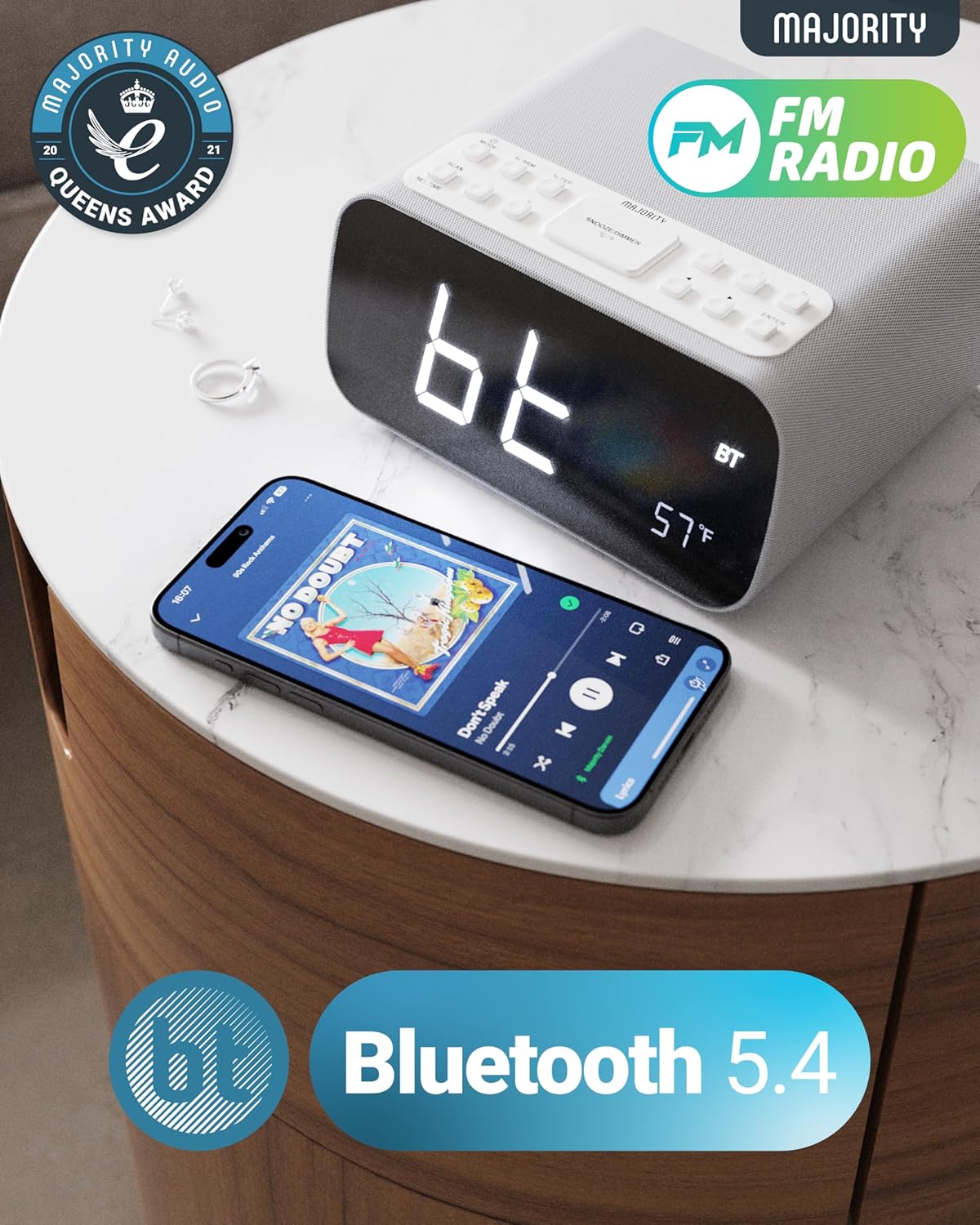 Majority Bluetooth Alarm Clock with Wireless Charging and FM Radio