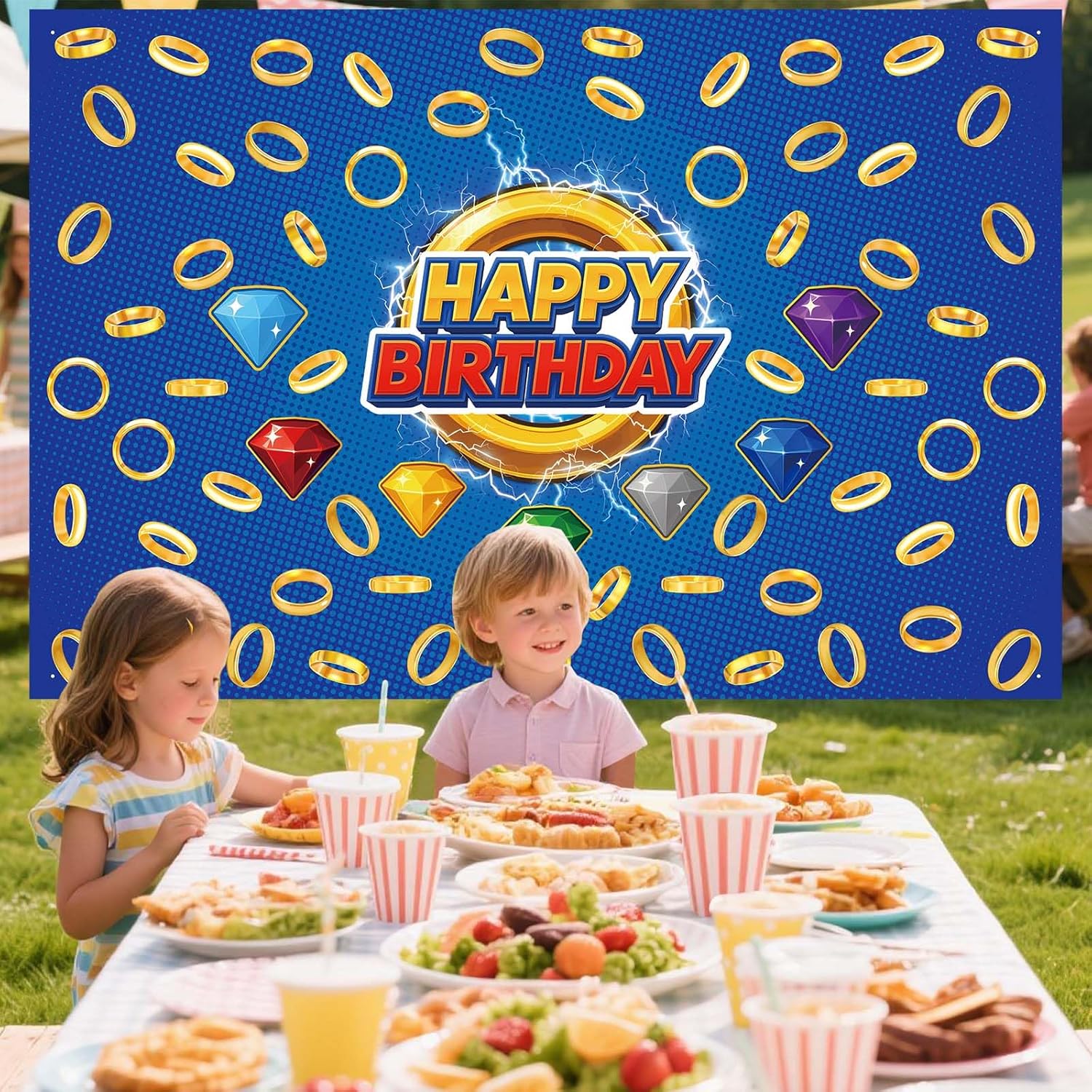 Cartoon Happy Birthday Backdrop with Gold Ring Print