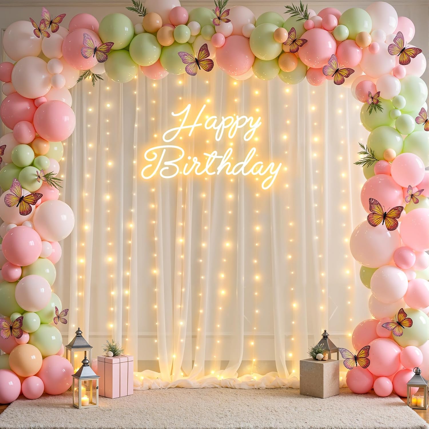 Ivory Tulle Backdrop Curtains with String Lights for Parties