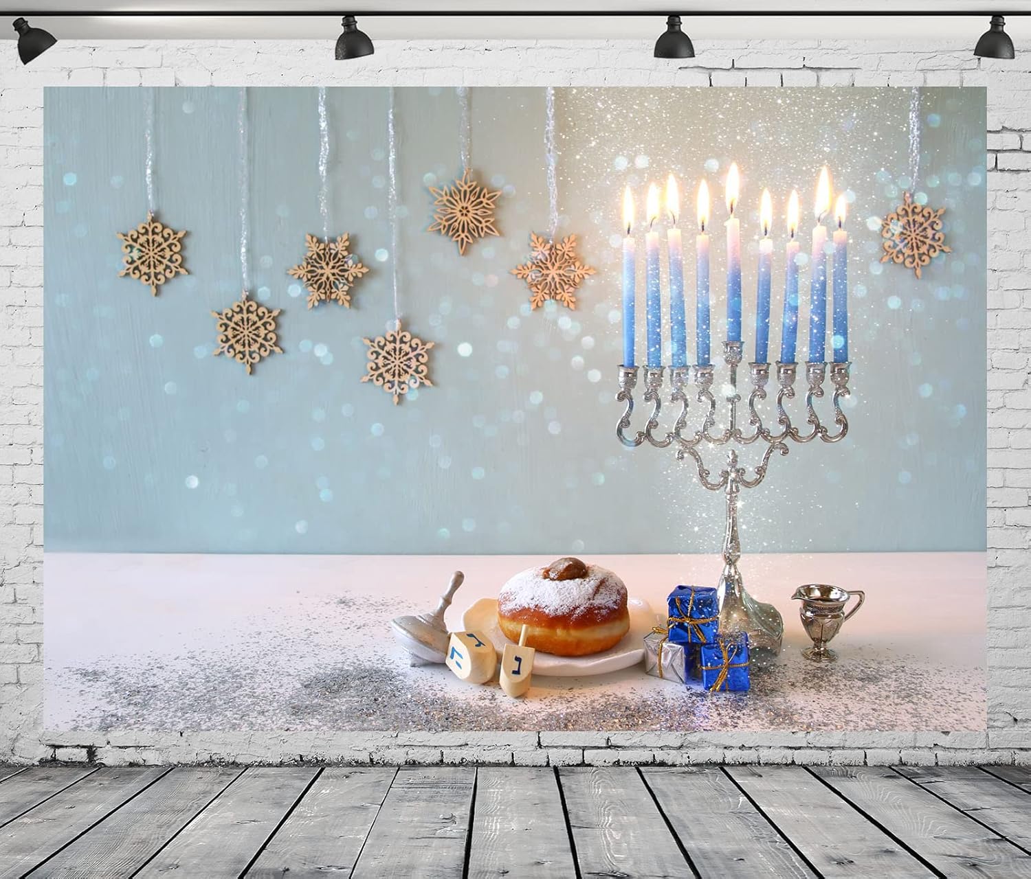 BELECO 8x6ft Hanukkah Backdrop with Silver Glitter Bokeh Lights