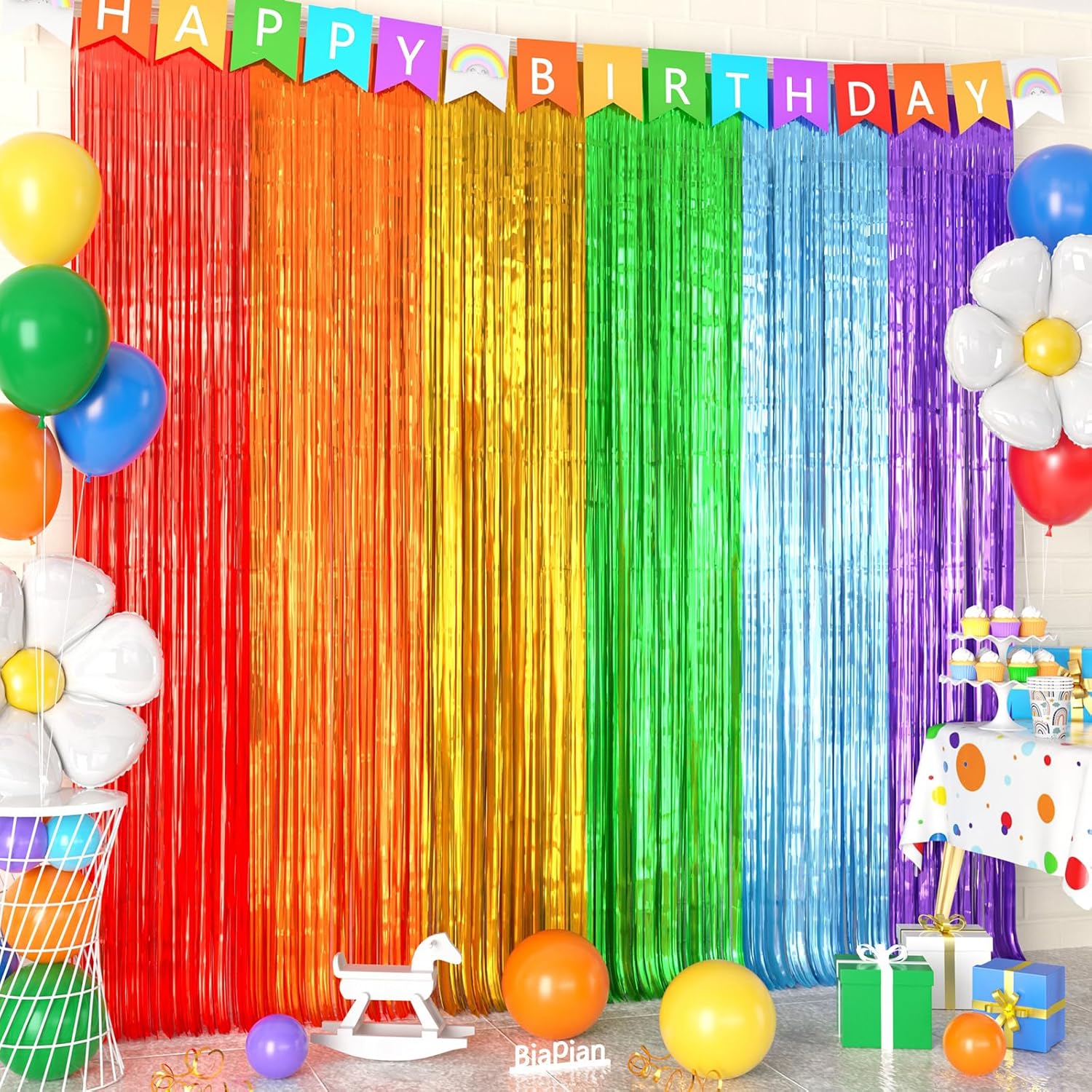 Biapian Rainbow Foil Fringe Curtains 2 Packs Party Decor