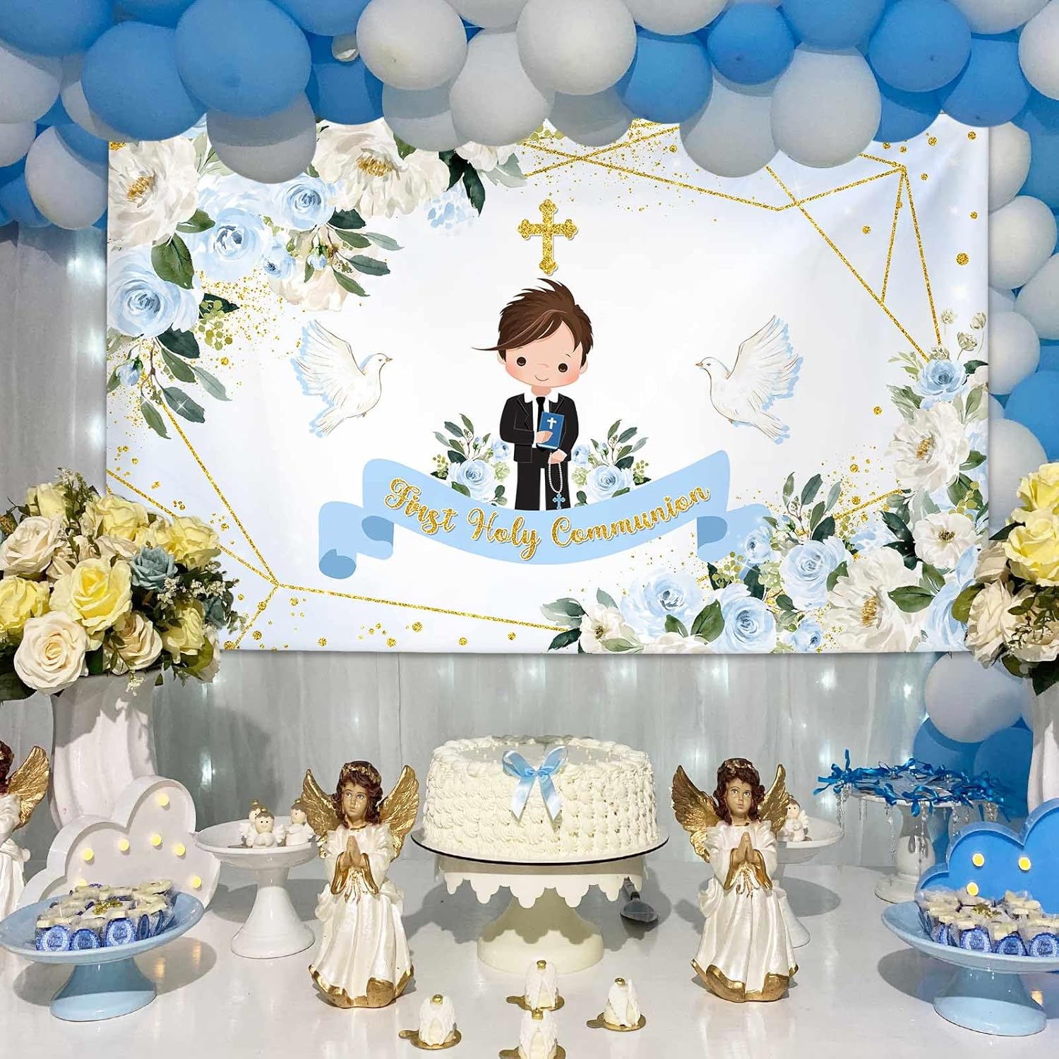 MEHOFOND First Holy Communion Photo Backdrop 7x5ft Blue Floral