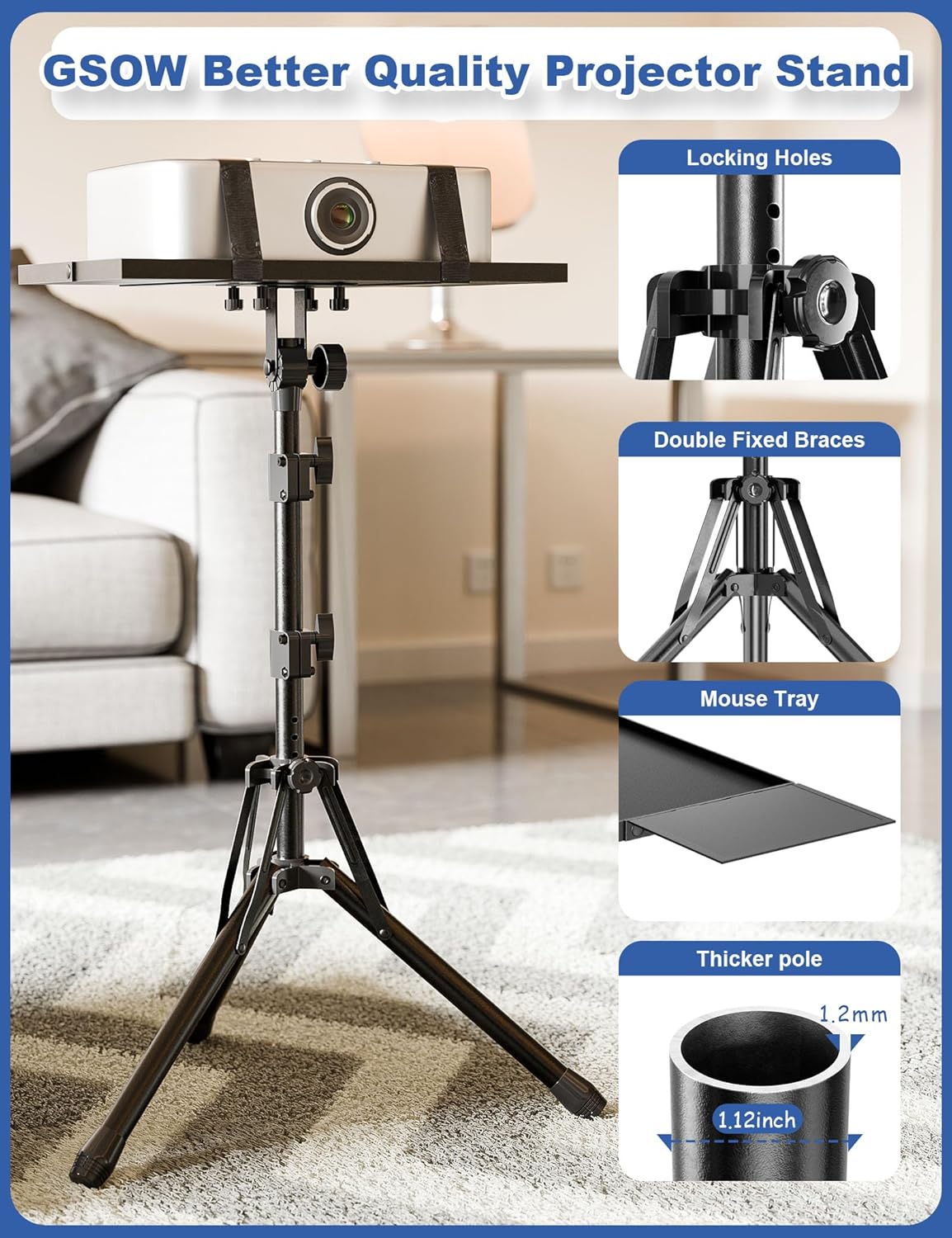 GSOW Projector Stand Tripod with Mouse Tray and Carry Bag