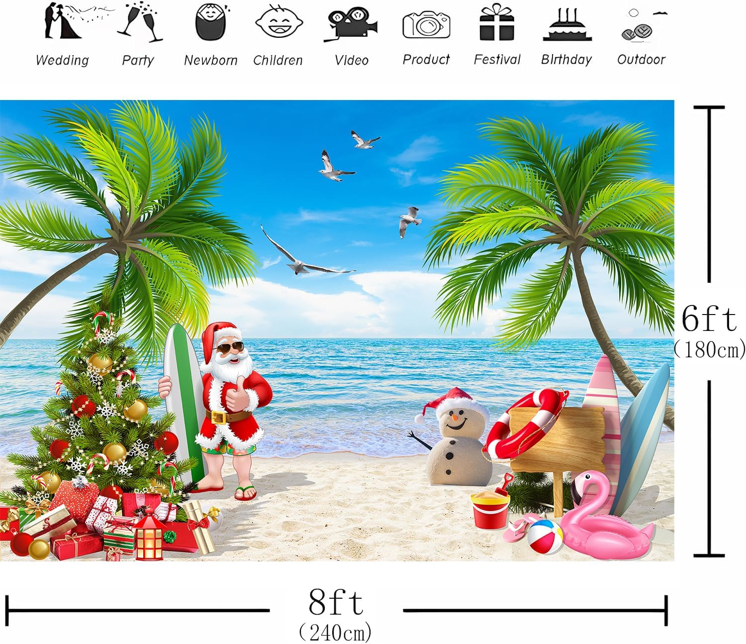 8x6 FT Summer Beach Christmas Party Backdrop