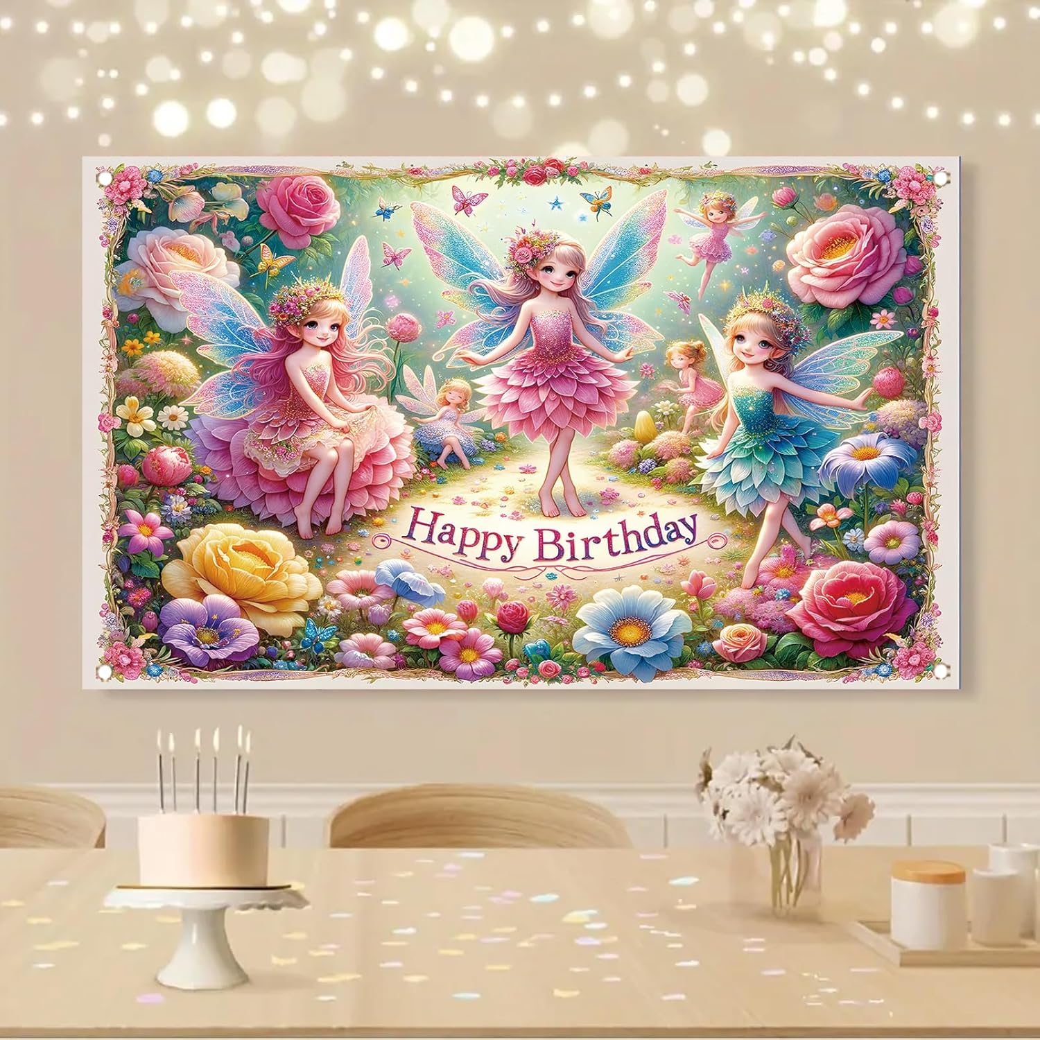 Fairy Birthday Backdrop Banner for Kids Girls Party Decoration