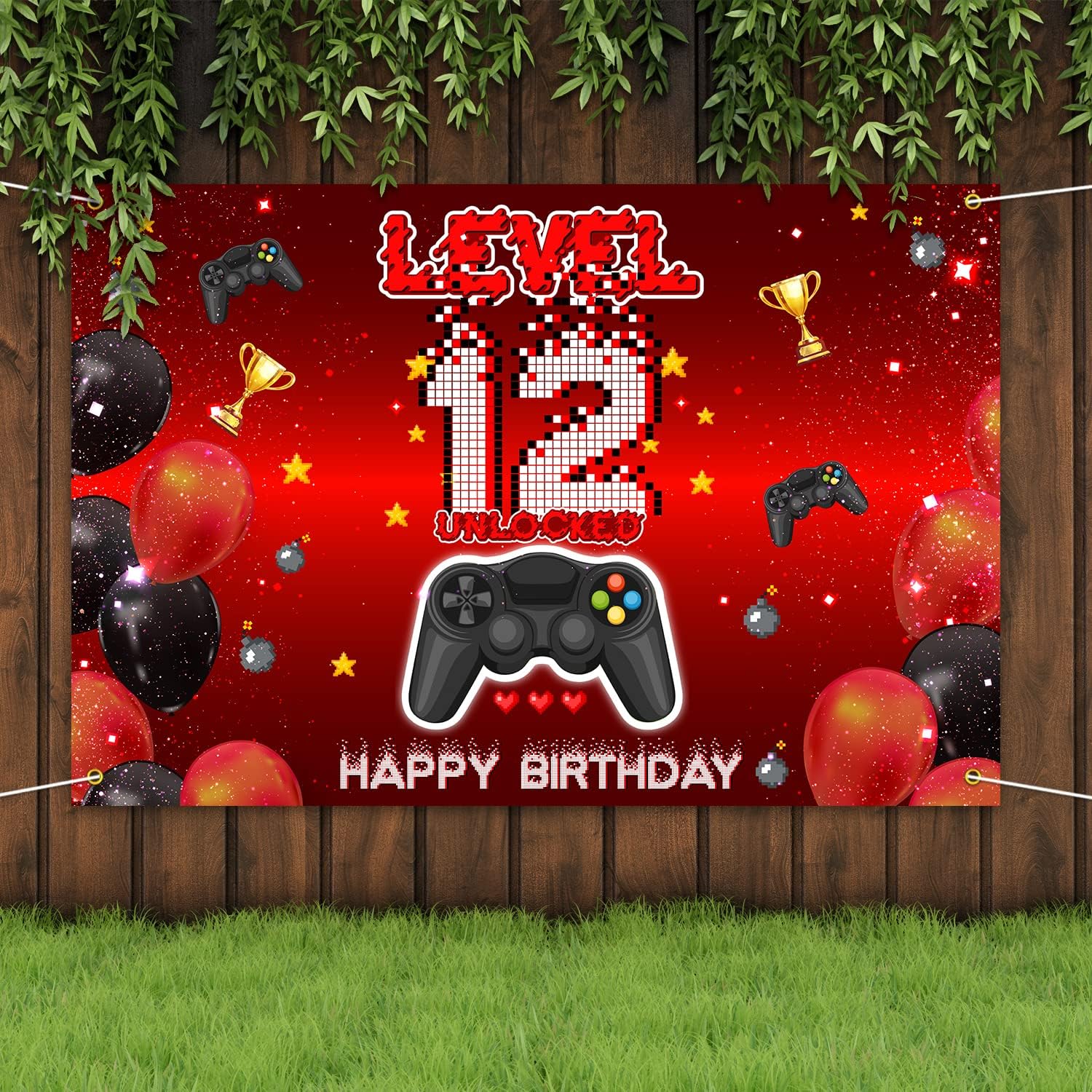 Level 12 Unlocked Birthday Backdrop Banner Red Black