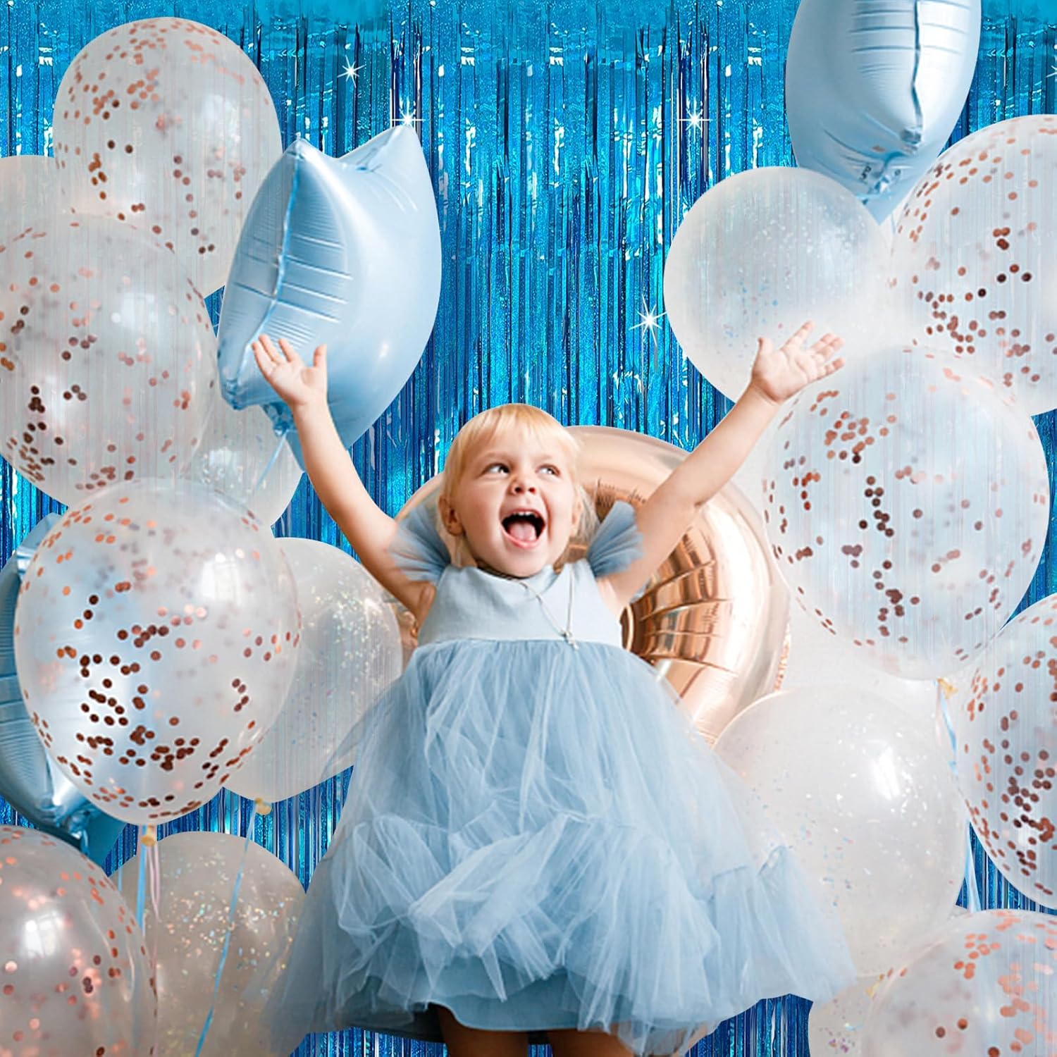 KEJ Tinsel Curtain Backdrop Blue 2 Packs Birthday Decorations