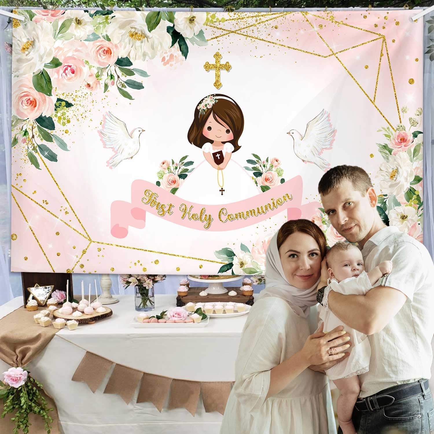 MEHOFOND Holy Communion Backdrop Pink Floral Photo Studio Background