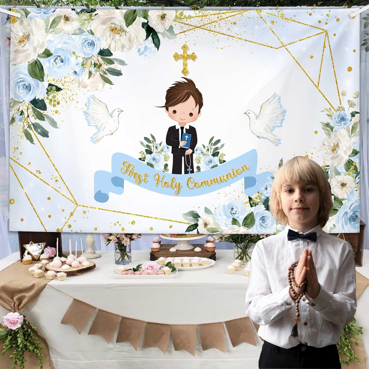 MEHOFOND First Holy Communion Photo Backdrop 7x5ft Blue Floral