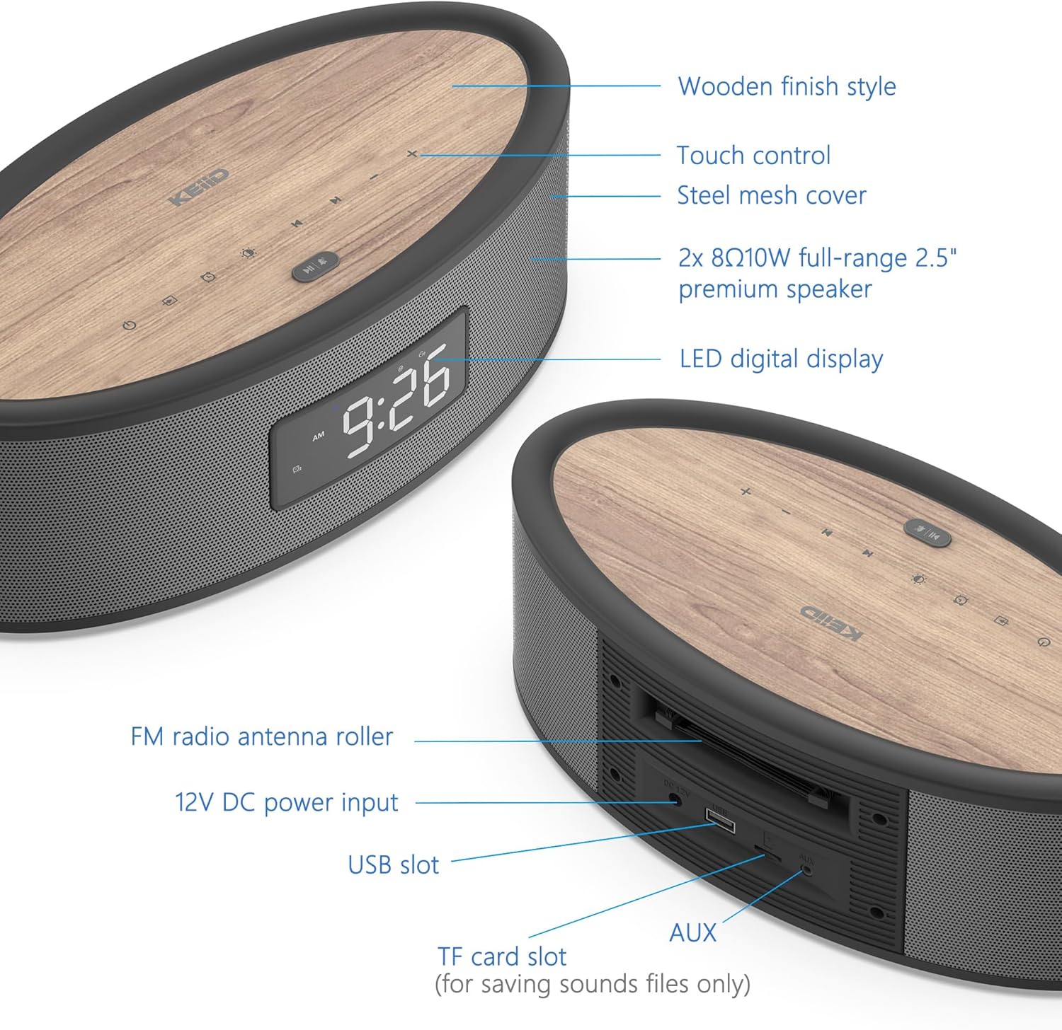 KEiiD Bluetooth Clock Radio Speaker with Dual Alarms and FM Radio