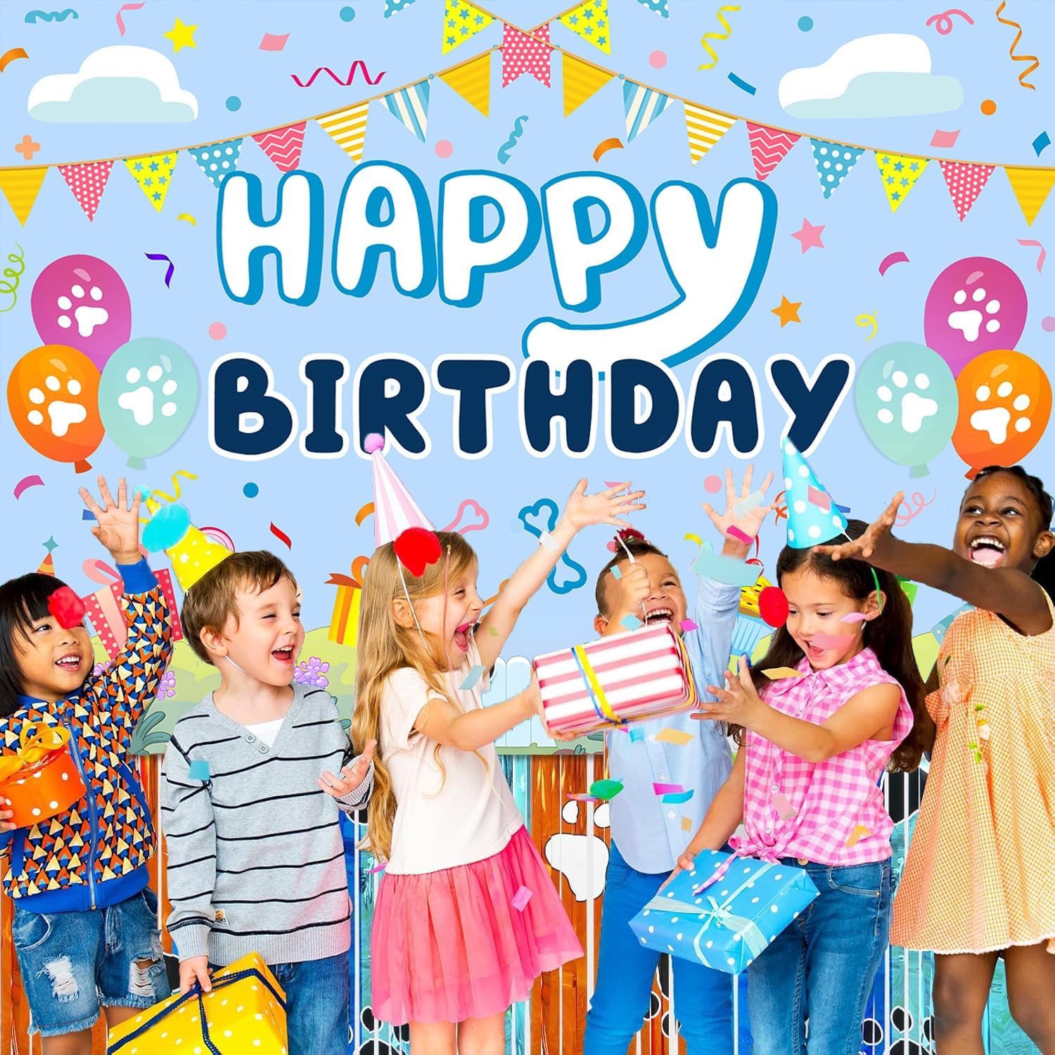 Blue Dog Cartoon Birthday Backdrop for Boys and Girls