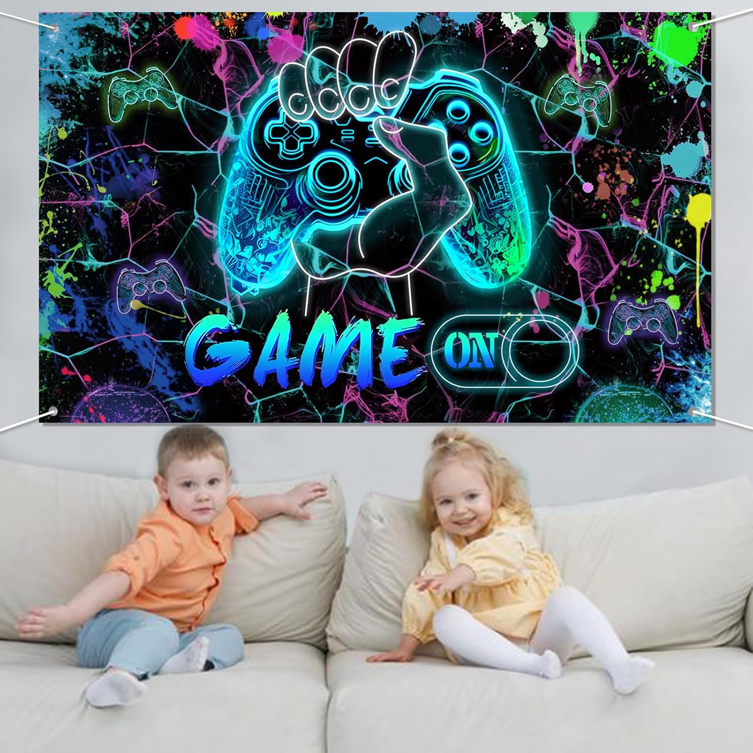 Game On Backdrop 59x36ft Neon Blue Birthday Decor