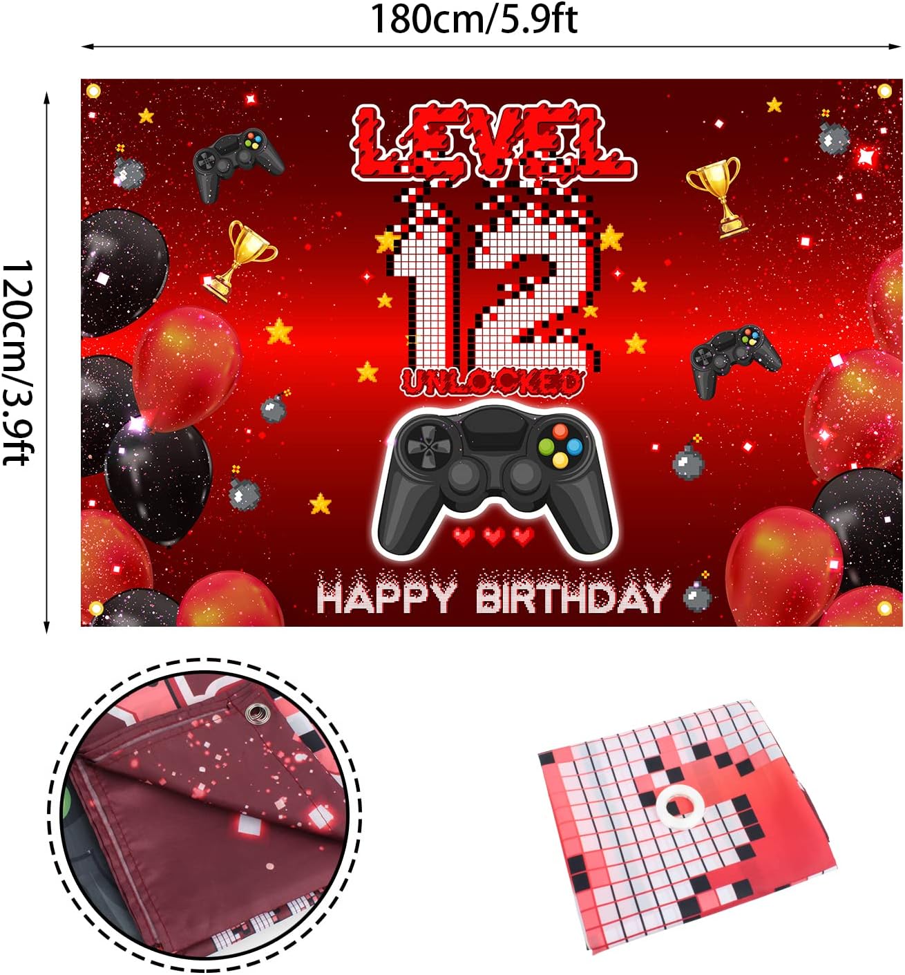 Level 12 Unlocked Birthday Backdrop Banner Red Black