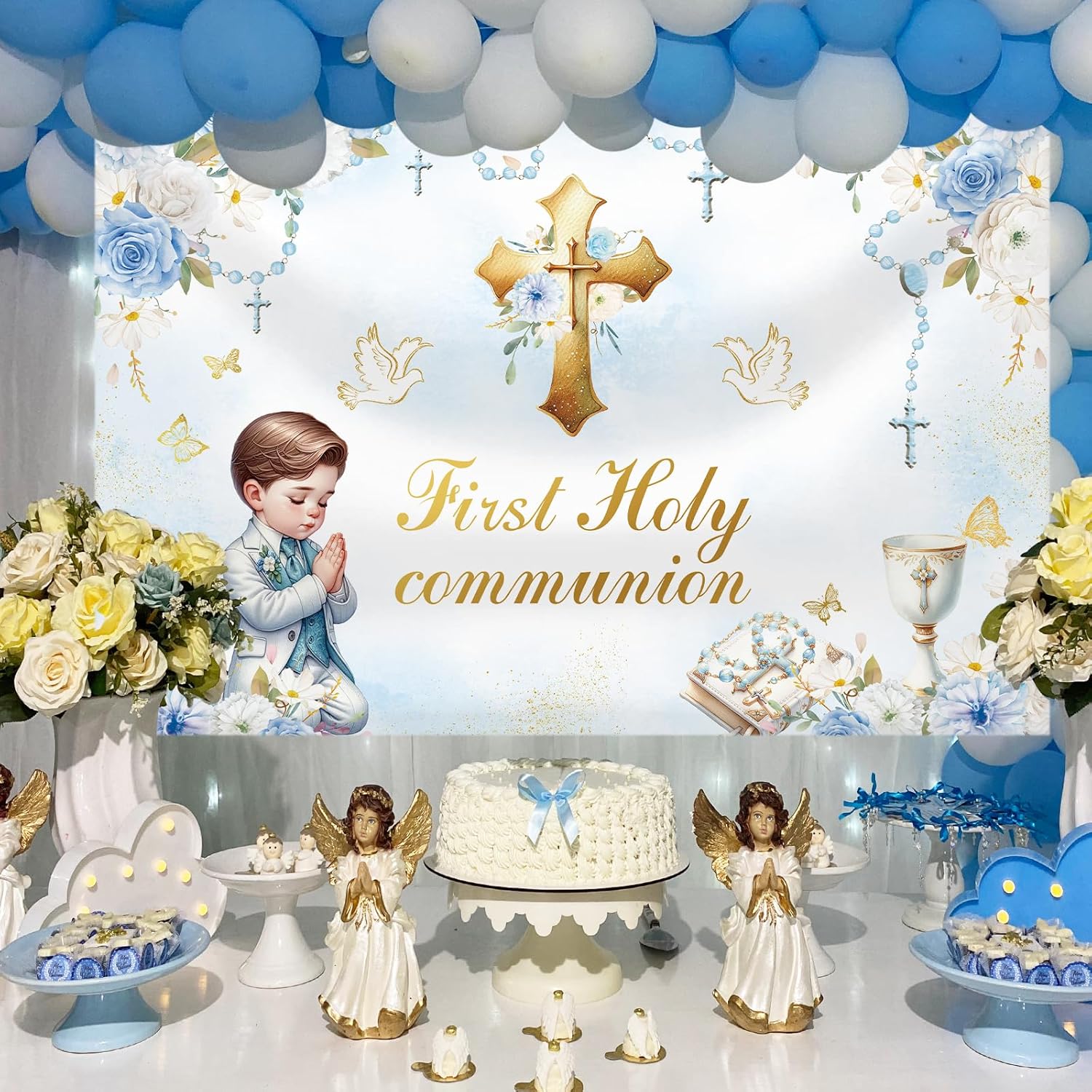 MEHOFOND 7x5ft First Holy Communion Backdrop with Blue Boy Design
