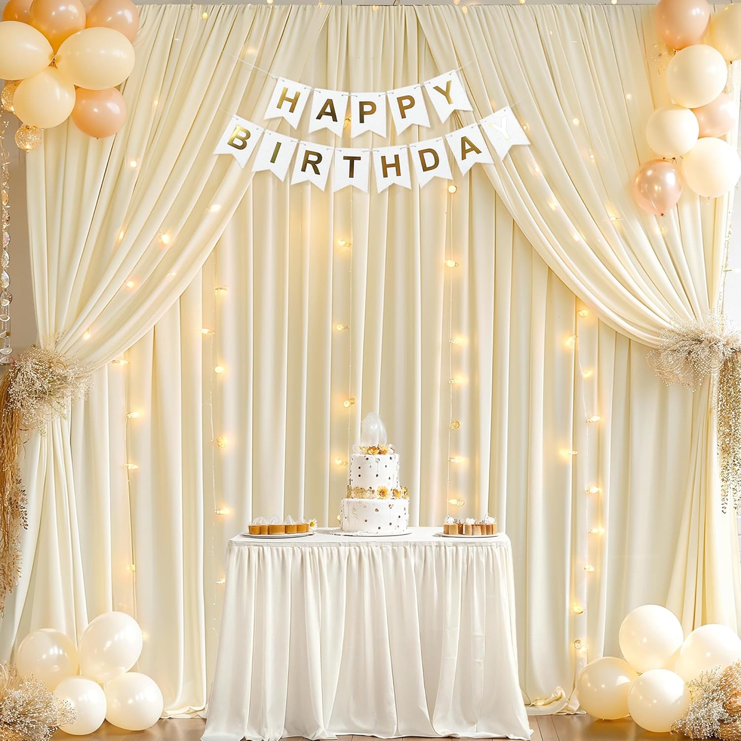 Wish Care 10x10ft Ivory Backdrop Curtain with Lights