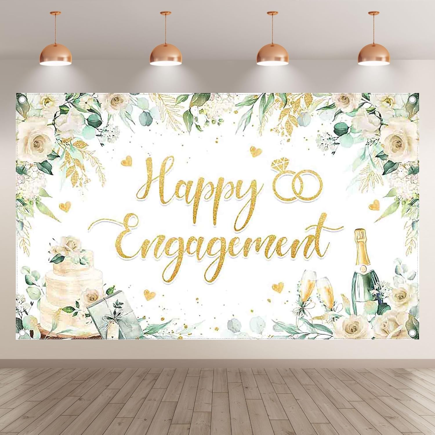 Happy Engagement Backdrop 72x43inch Green Leaves Rose Diamond