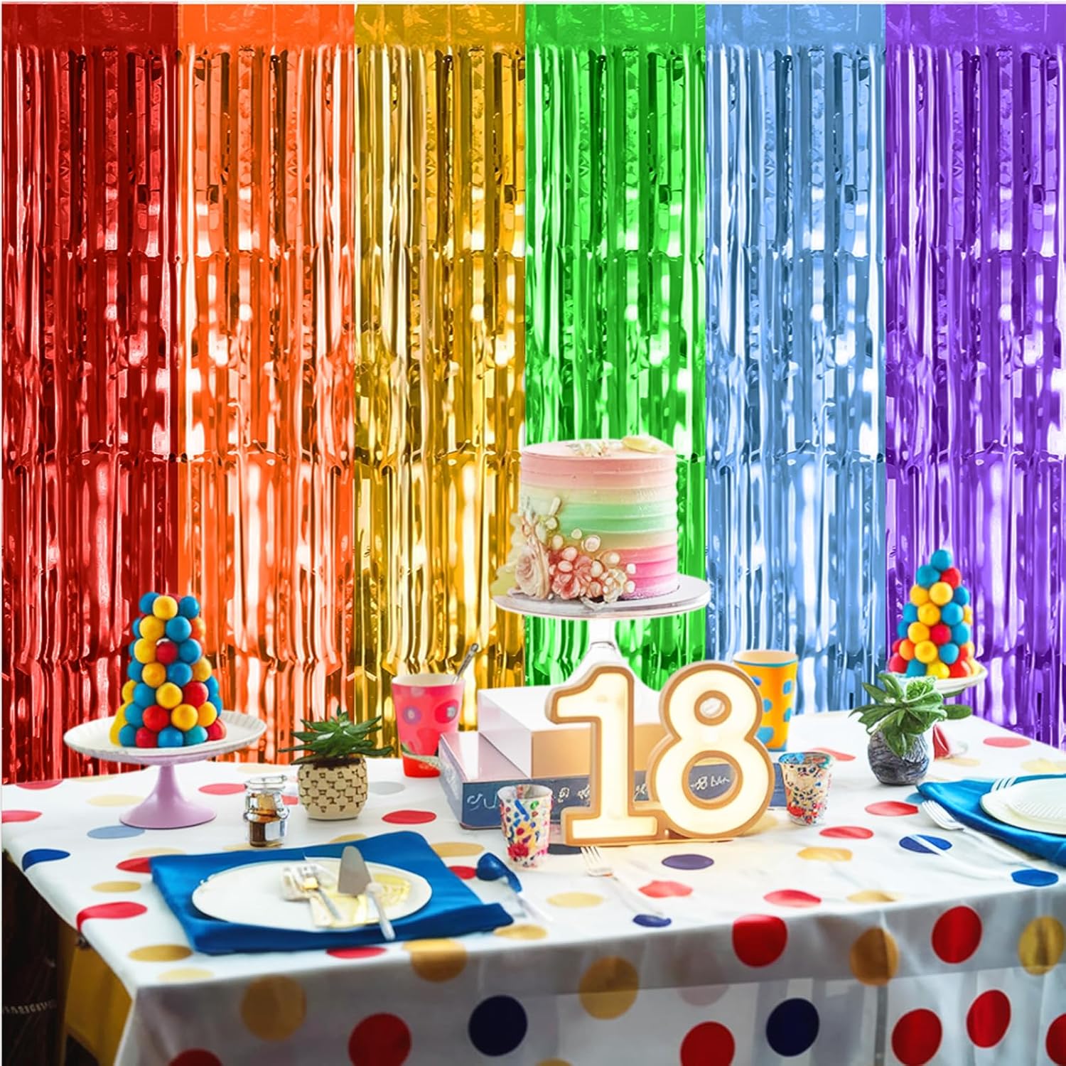 Biapian Rainbow Foil Fringe Curtains 2 Packs Party Decor