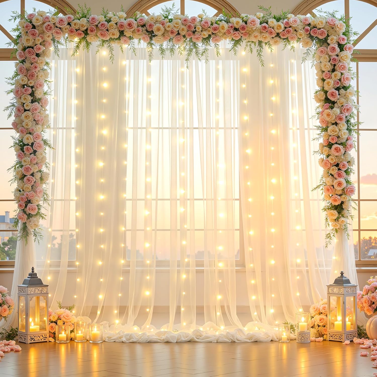 Ivory Tulle Backdrop Curtains with String Lights for Parties