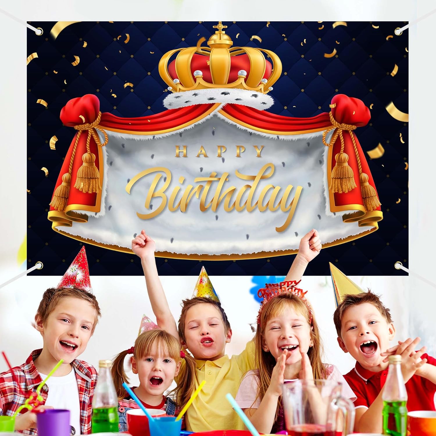 Royal King Prince Birthday Banner Backdrop with Golden Crown Cloak