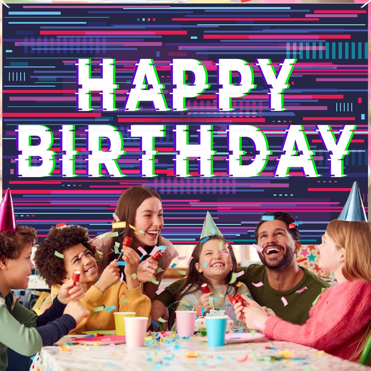 Pixel Art Birthday Holographic Banner Decor