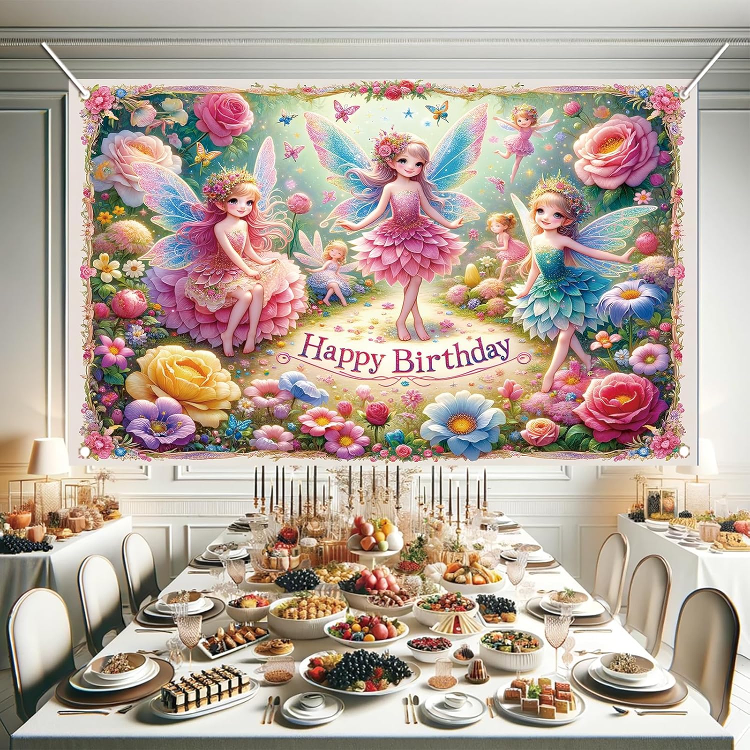 Fairy Birthday Backdrop Banner for Kids Girls Party Decoration