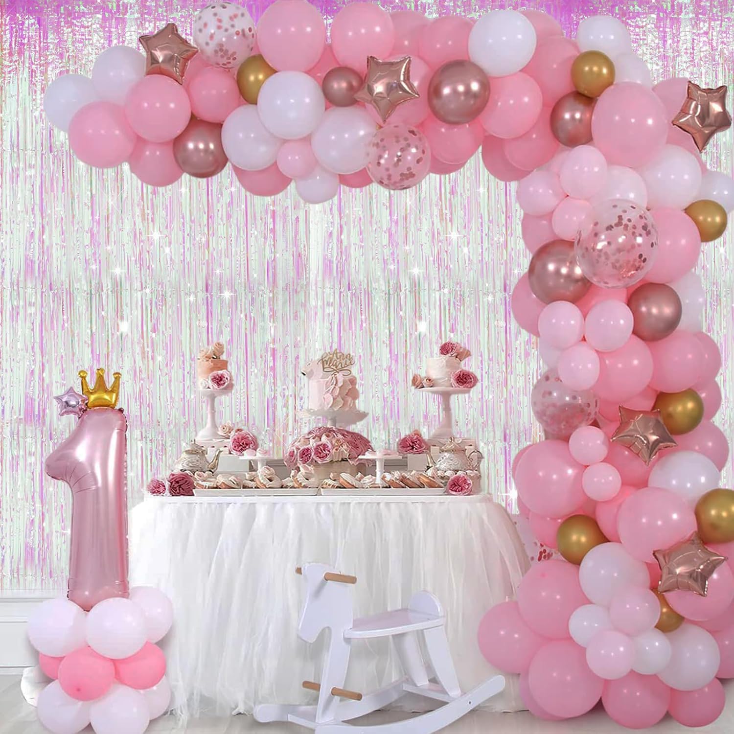 Anwyll Iridescent Pink Metallic Foil Fringe Backdrop Curtains 2 Pack