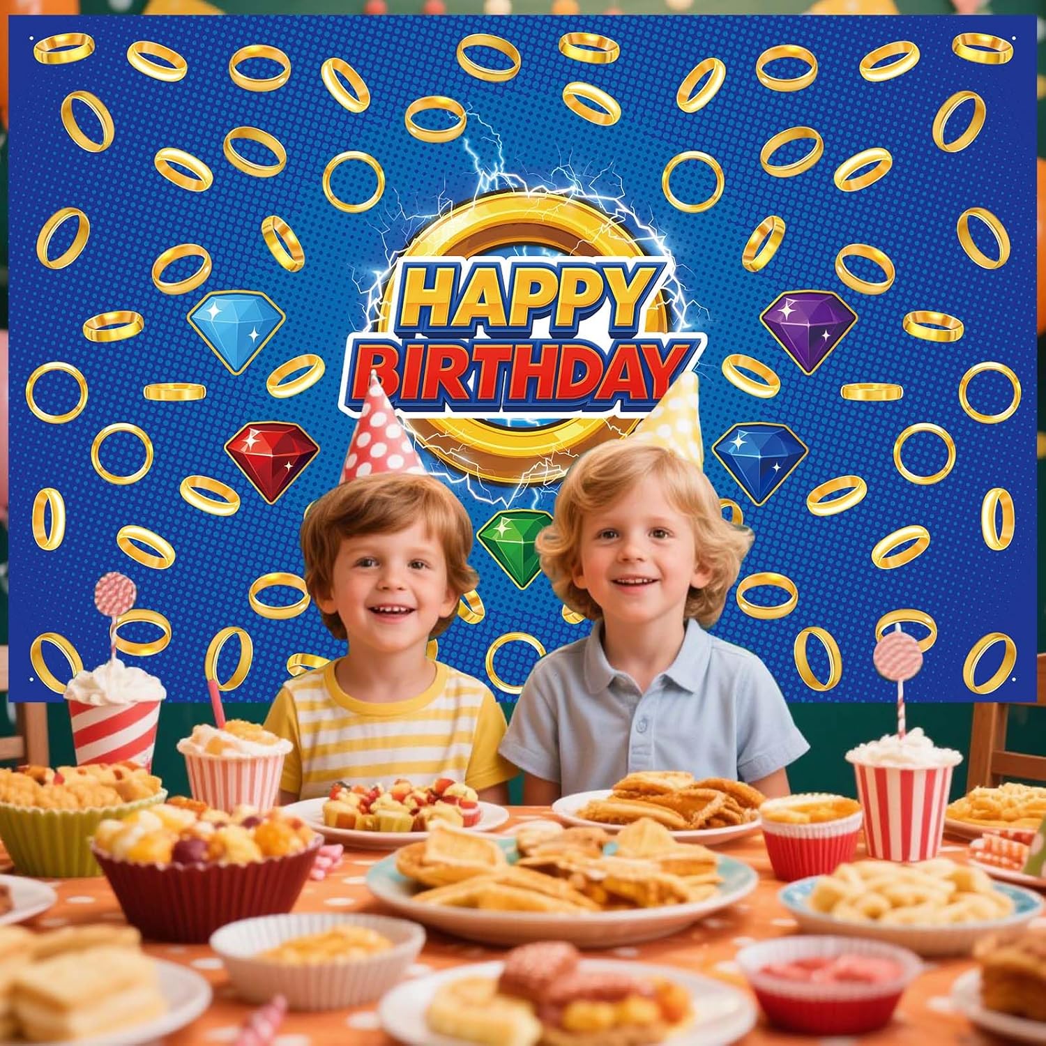 Cartoon Happy Birthday Backdrop with Gold Ring Print