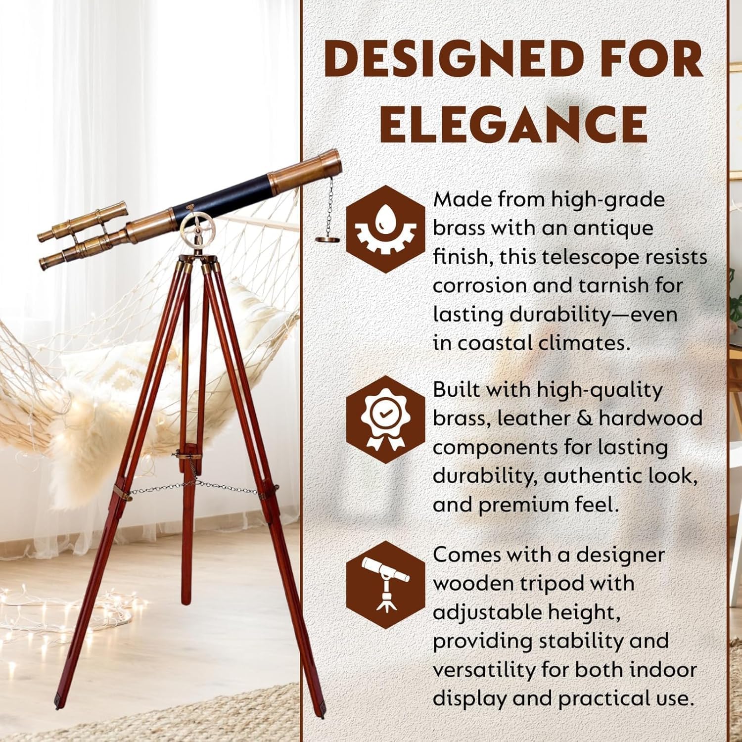 Floor Standing Brass Telescope with Wooden Tripod