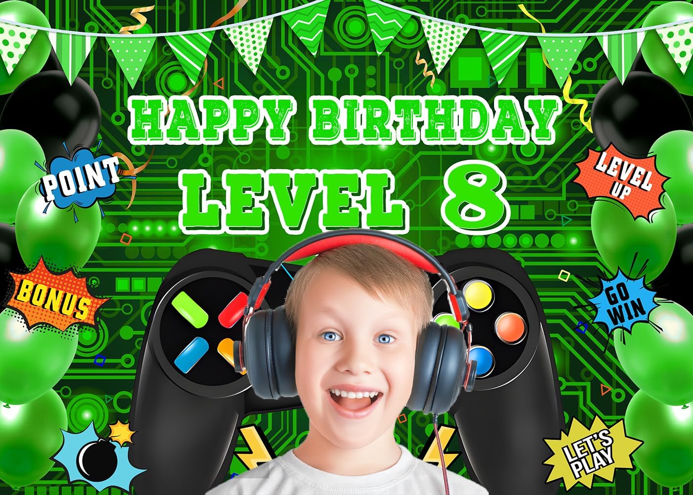 Video Game Level 8 Birthday Backdrop 7x5ft