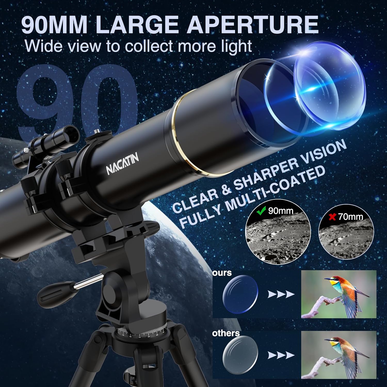 NACATIN 90mm Refractor Telescope with 32X-240X Magnification