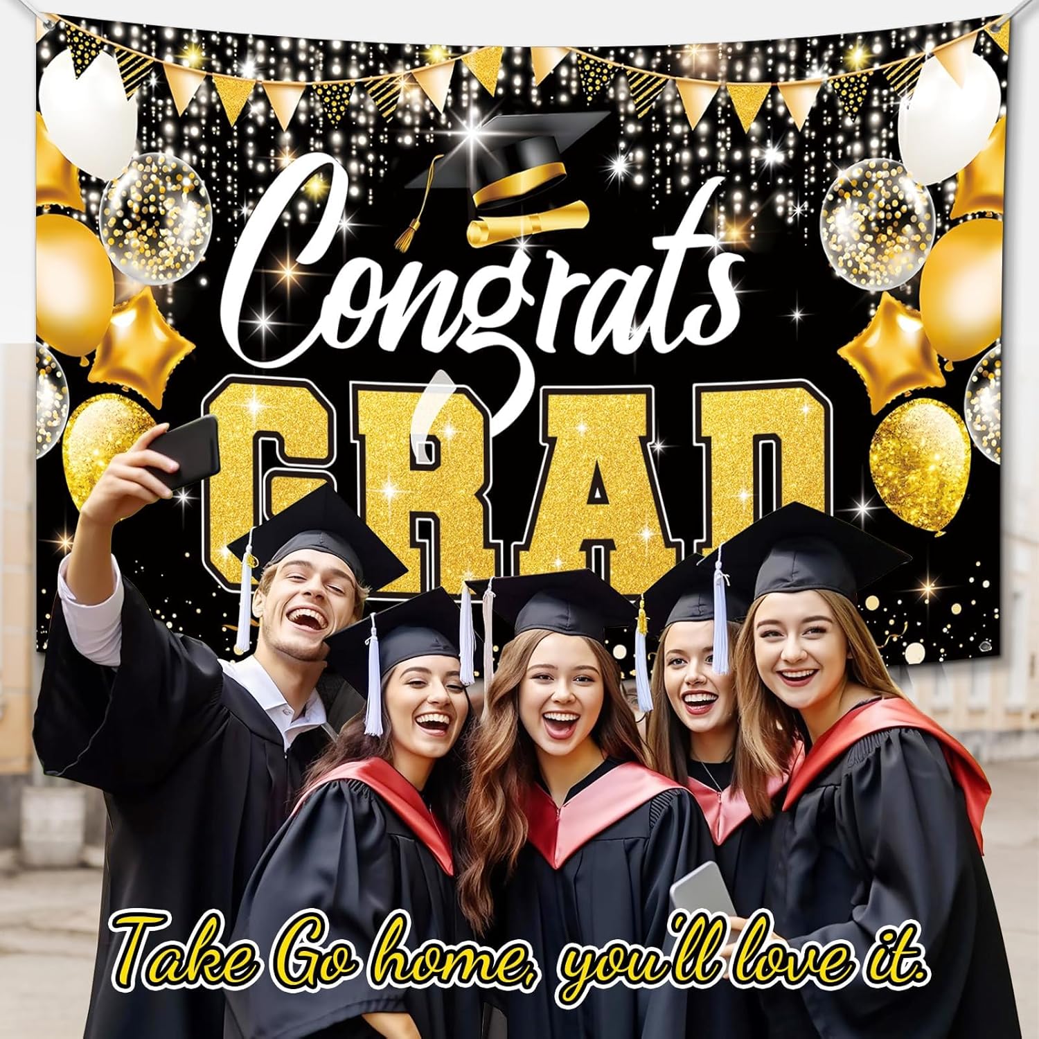 Premium Graduation Backdrop Banner 72x44in Black Gold
