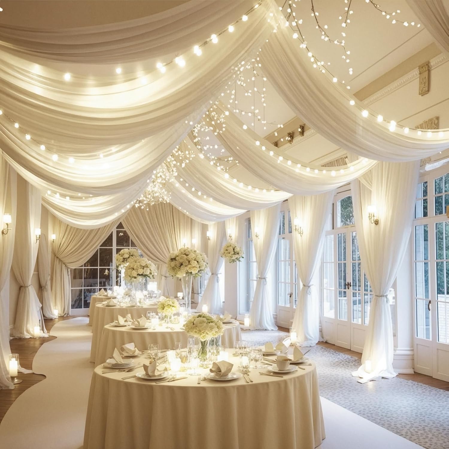 Ivory Ceiling Drapes with Lights Set