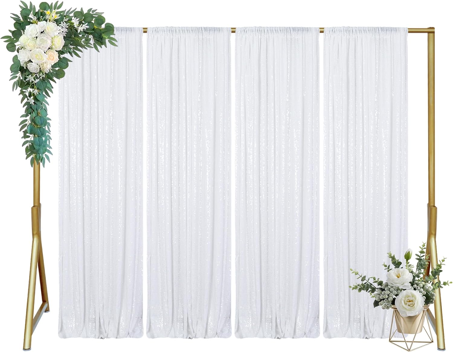 ShinyBeauty White Sequin Backdrop 4x10ft Wedding Arch Drapes