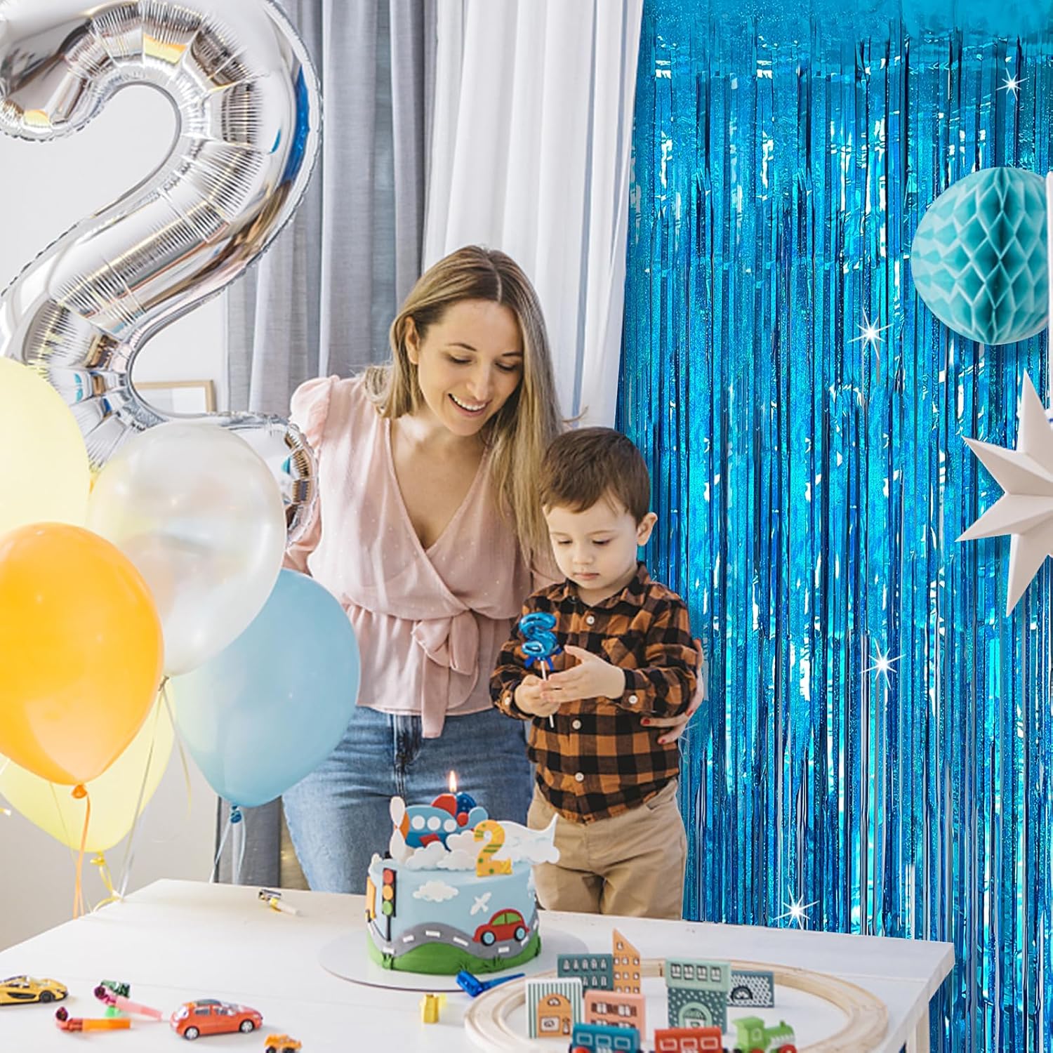 KEJ Tinsel Curtain Backdrop Blue 2 Packs Birthday Decorations