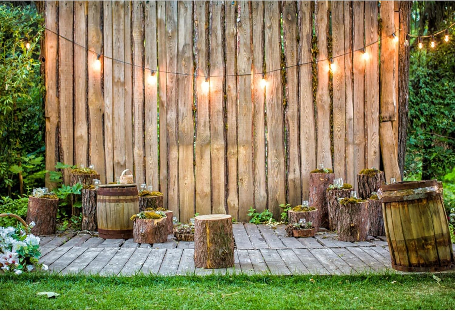 Baocicco Wooden Wall Backdrop 12x8ft Rustic Planks Log Green Grassland Photo Studio Background