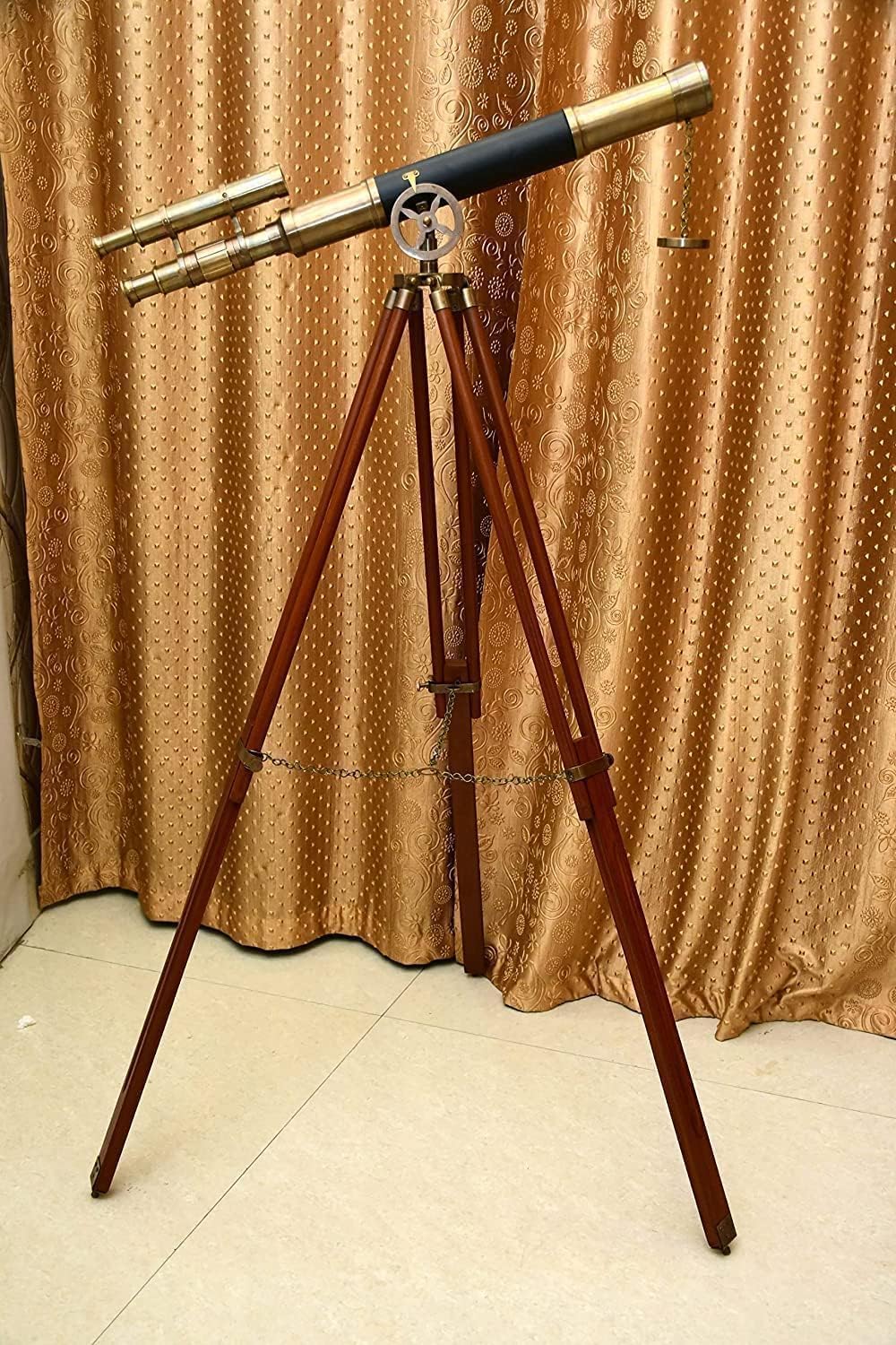 Floor Standing Brass Telescope with Wooden Tripod